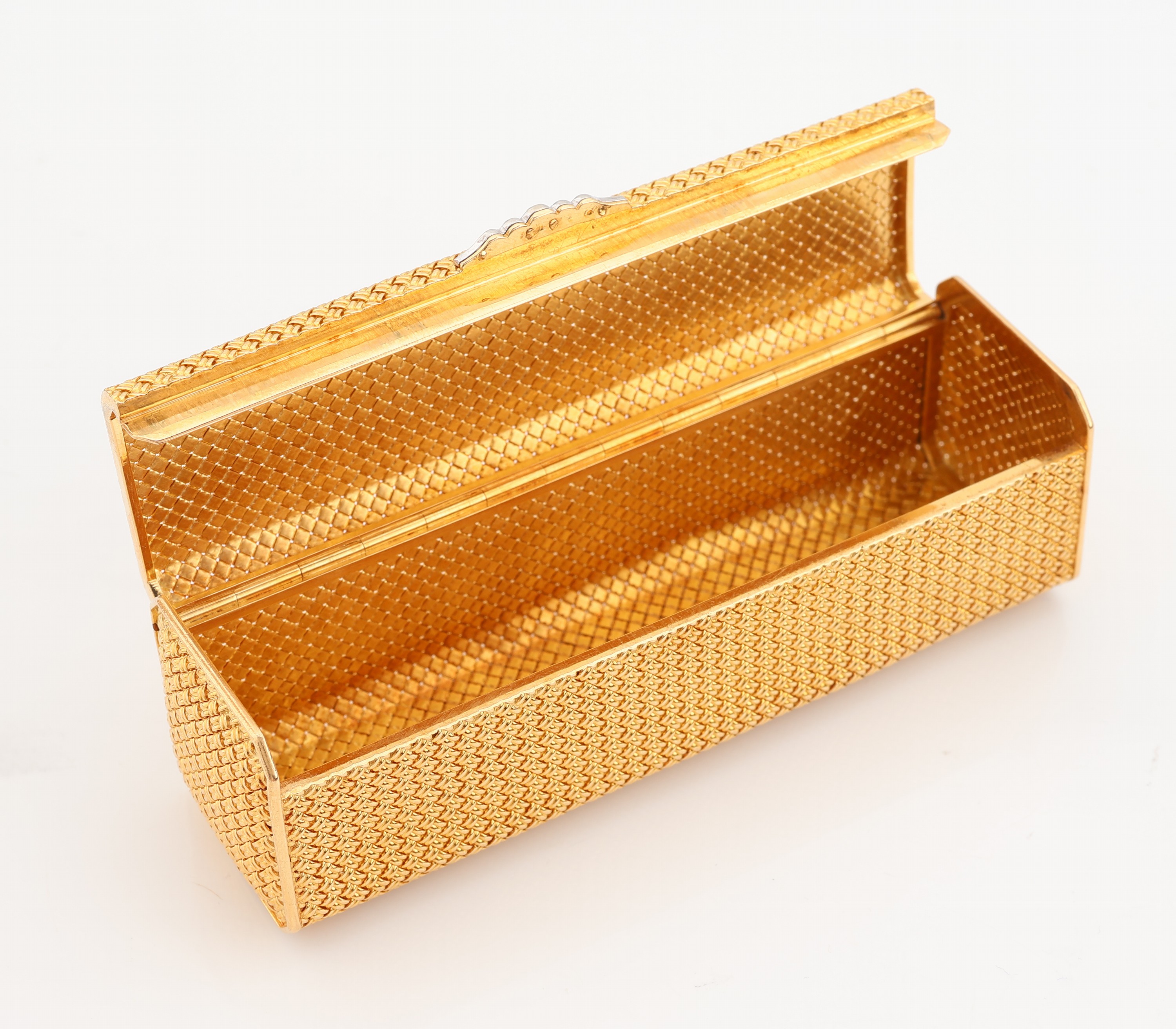 Detail a: Vintage 18 kt Gold Brillant-Lippenstiftetui, 1960er Jahre, GG/WG 750/000, qualitätvolle italienische Atelierarbeit, aufwendiges Geflecht aus ...