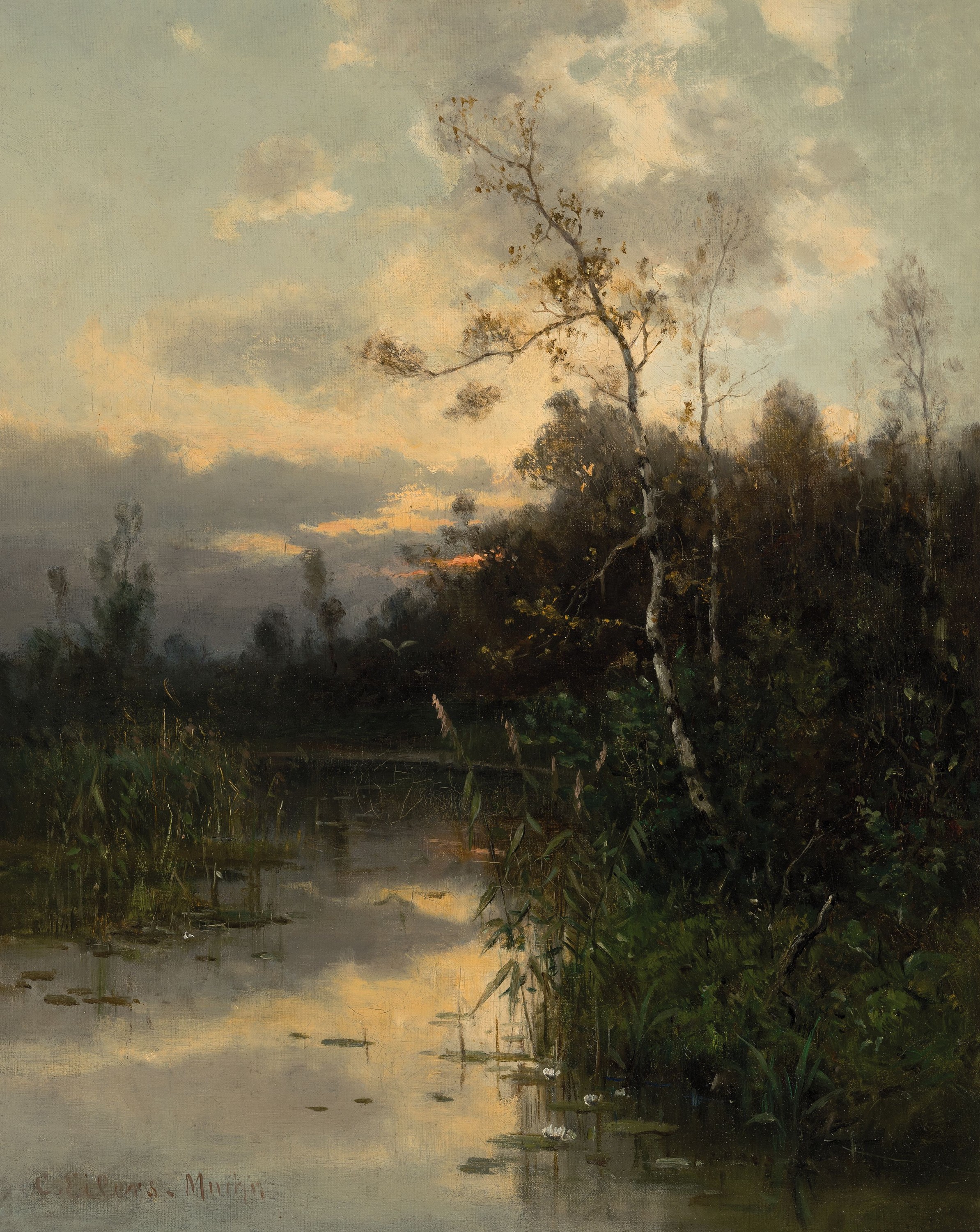 Conrad Eilers, 1845 Kuhnkendorf Ostpreussen-1914 München, Abendstimmung über Landschaft mit Bachlauf, Öl/Lwd, links unten sign. C. Eilers Mchn, ...