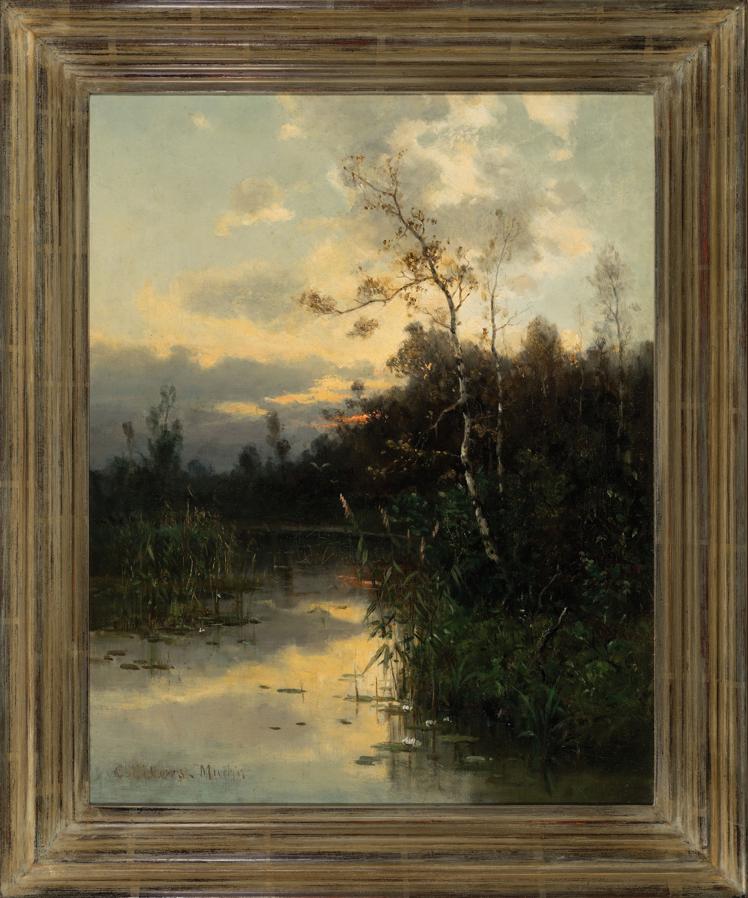 Detail k: Conrad Eilers, 1845 Kuhnkendorf Ostpreussen-1914 München, Abendstimmung über Landschaft mit Bachlauf, Öl/Lwd, links unten sign. C. Eilers Mchn, ...