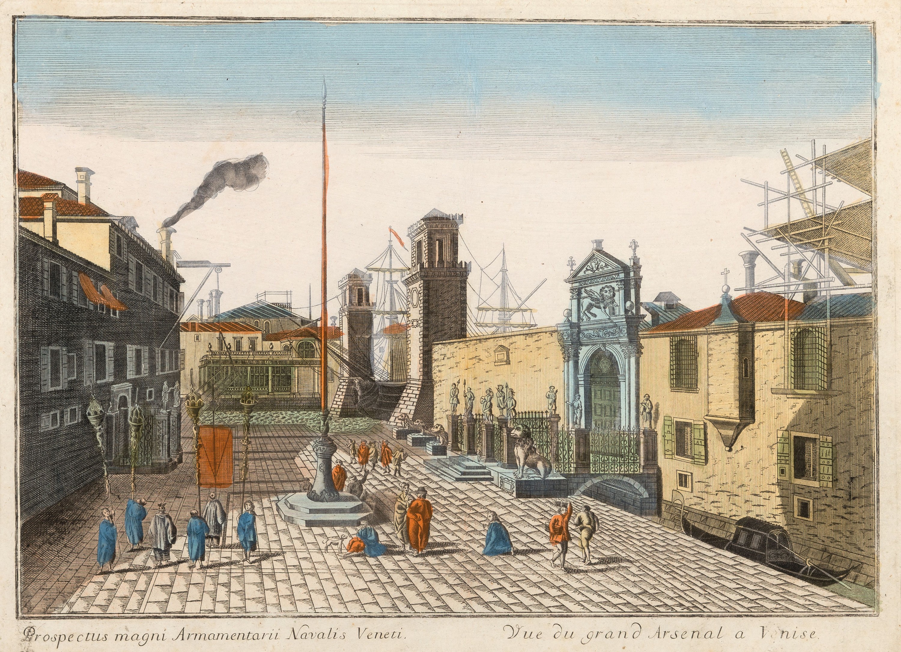 Detail a: 4 Guckkastenbilder mit Prospekten von Venedig, um 1760/80, Kupferstiche, altkoloriert, je bezeichnet lat./frz., "Magni Armamentarii Navalis ...