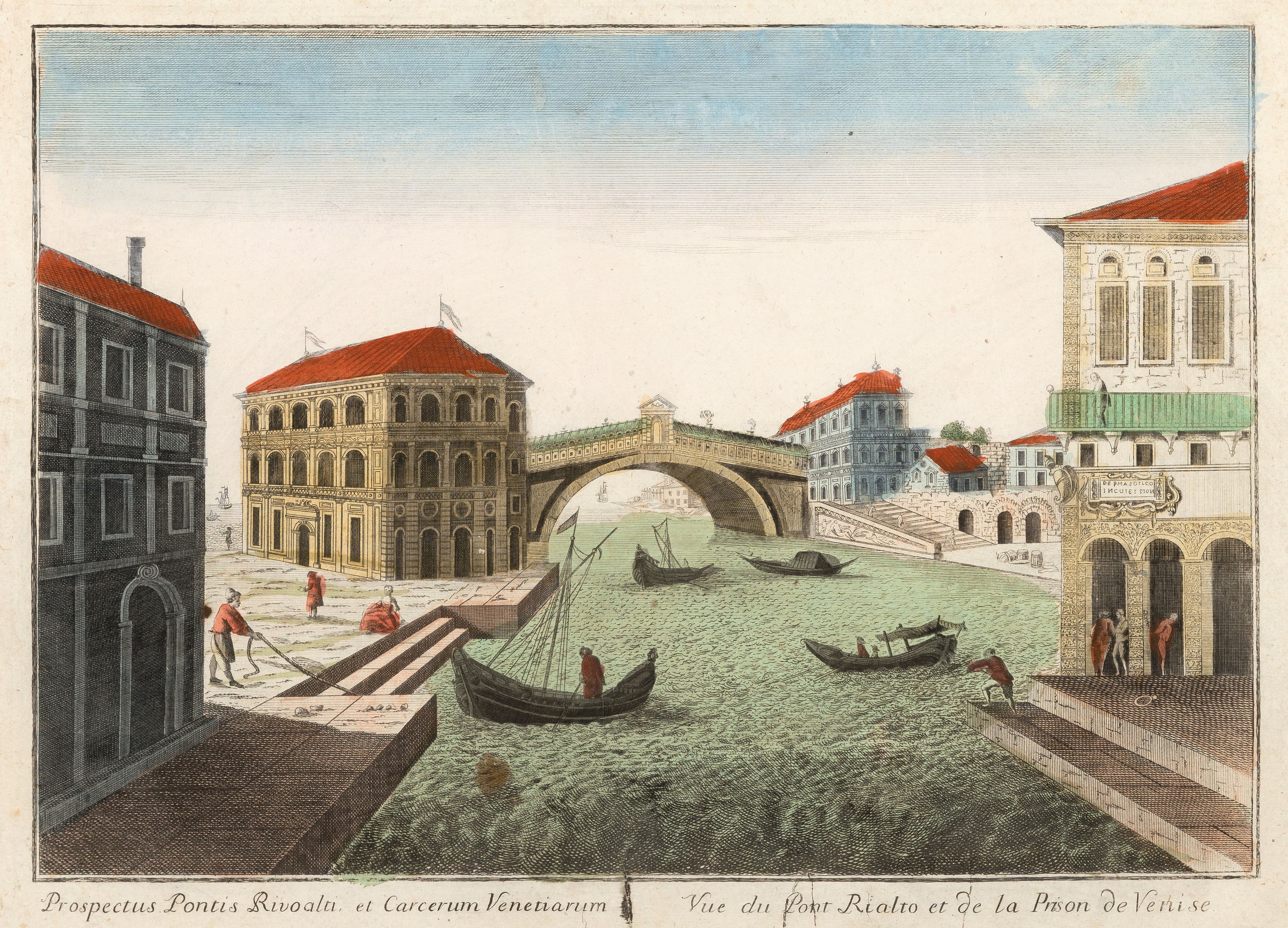 Detail b: 4 Guckkastenbilder mit Prospekten von Venedig, um 1760/80, Kupferstiche, altkoloriert, je bezeichnet lat./frz., "Magni Armamentarii Navalis ...