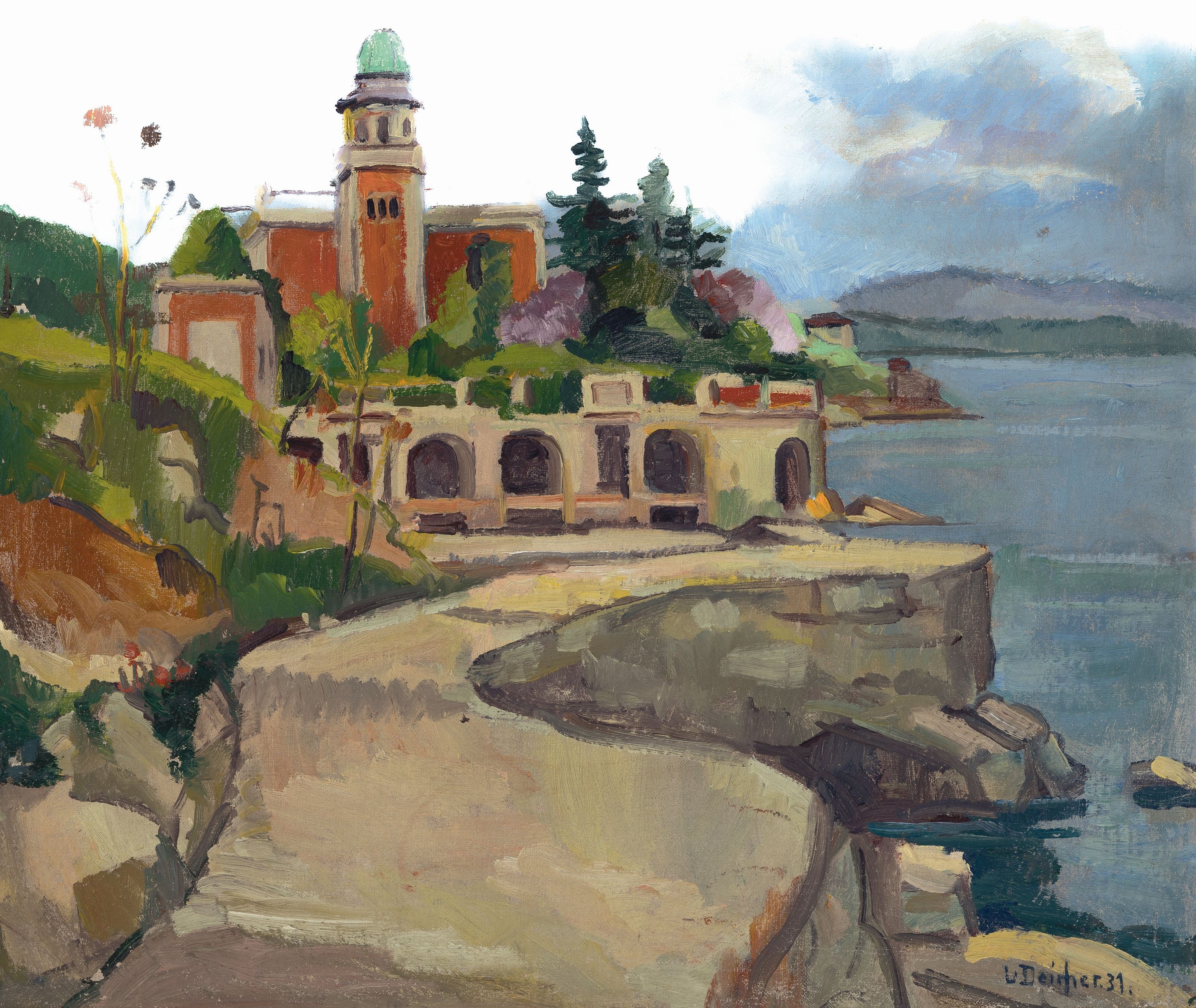 Luise Deicher, 1891 Waiblingen-1973 Stuttgart , südliche Landschaft, Blick auf eine Villa wohl am Lago di Garda, rechts unten signiert und datiert ...