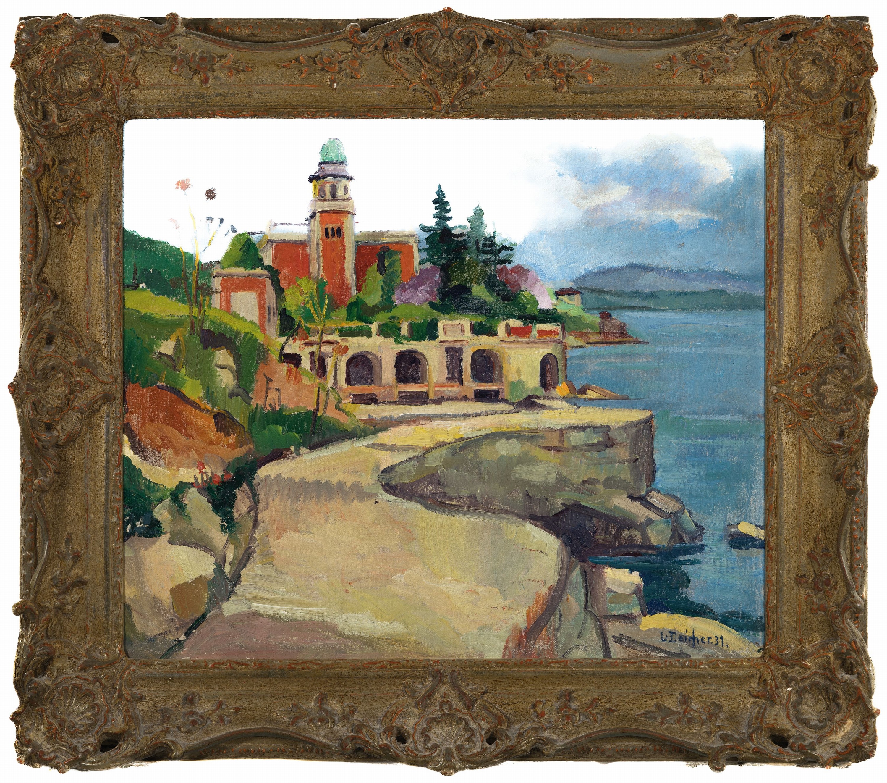 Detail k: Luise Deicher, 1891 Waiblingen-1973 Stuttgart , südliche Landschaft, Blick auf eine Villa wohl am Lago di Garda, rechts unten signiert und datiert ...