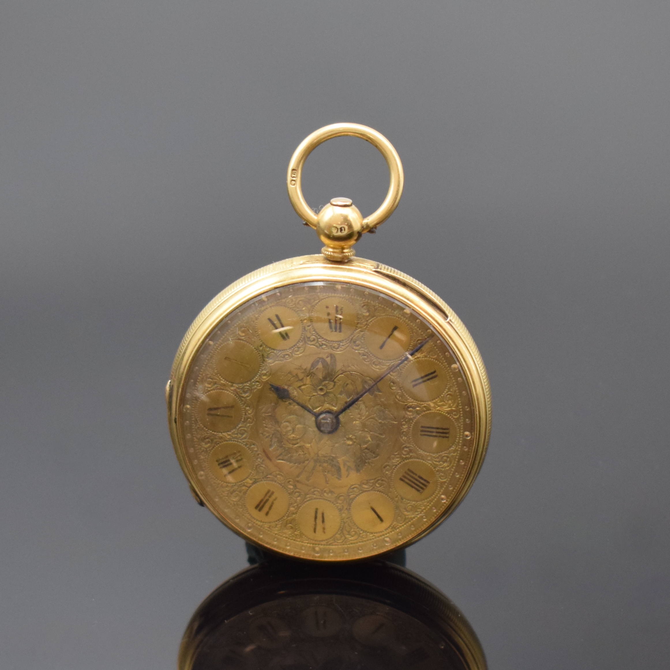 JOSEPH PLAYER offene Taschenuhr in GG 750/000, England lt. Hallmark 1869, Schlüsselaufzug, Rückdeckel floral grav., gold. Zifferbl. m. floraler ...