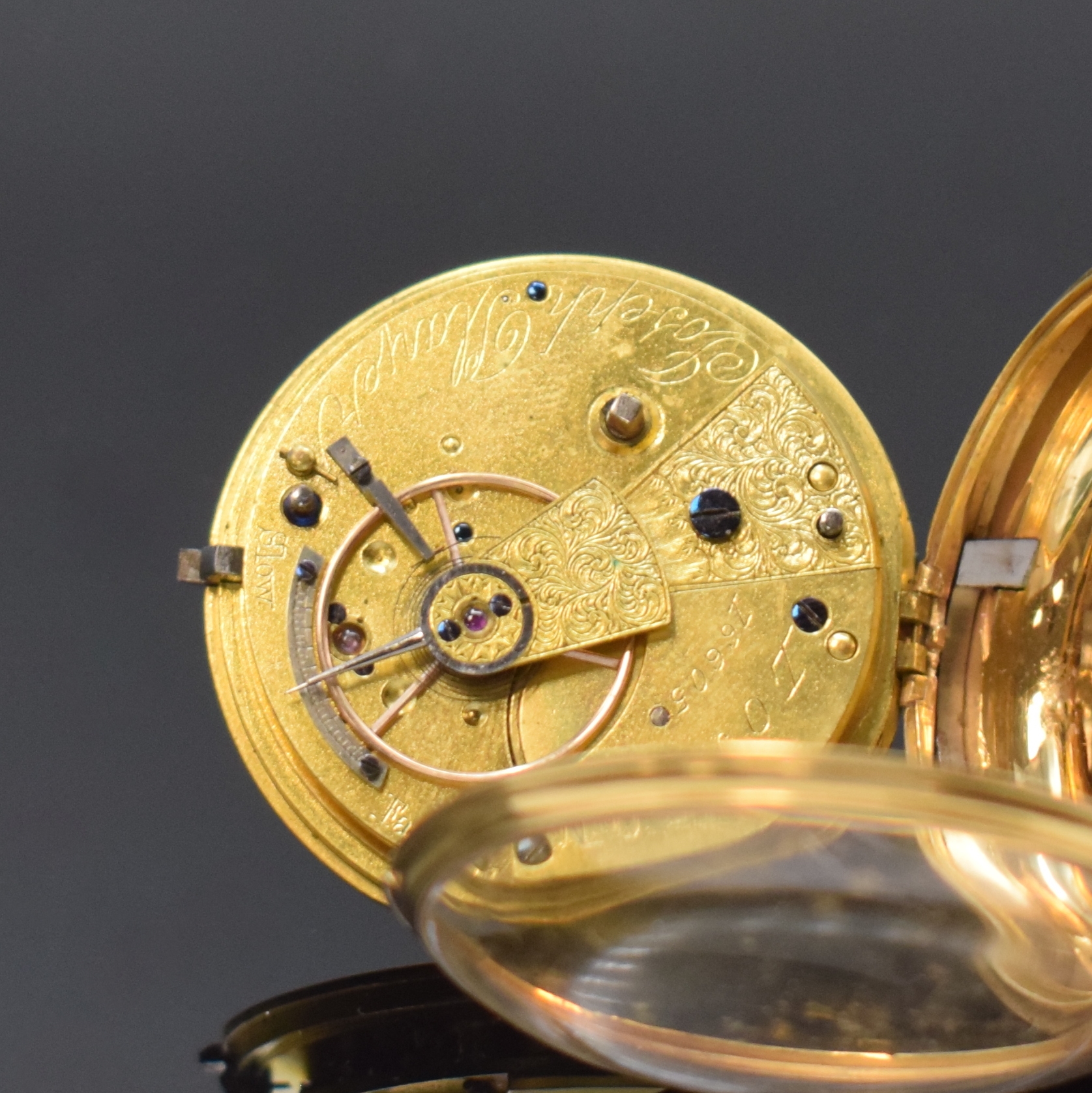 Detail f: JOSEPH PLAYER offene Taschenuhr in GG 750/000, England lt. Hallmark 1869, Schlüsselaufzug, Rückdeckel floral grav., gold. Zifferbl. m. floraler ...