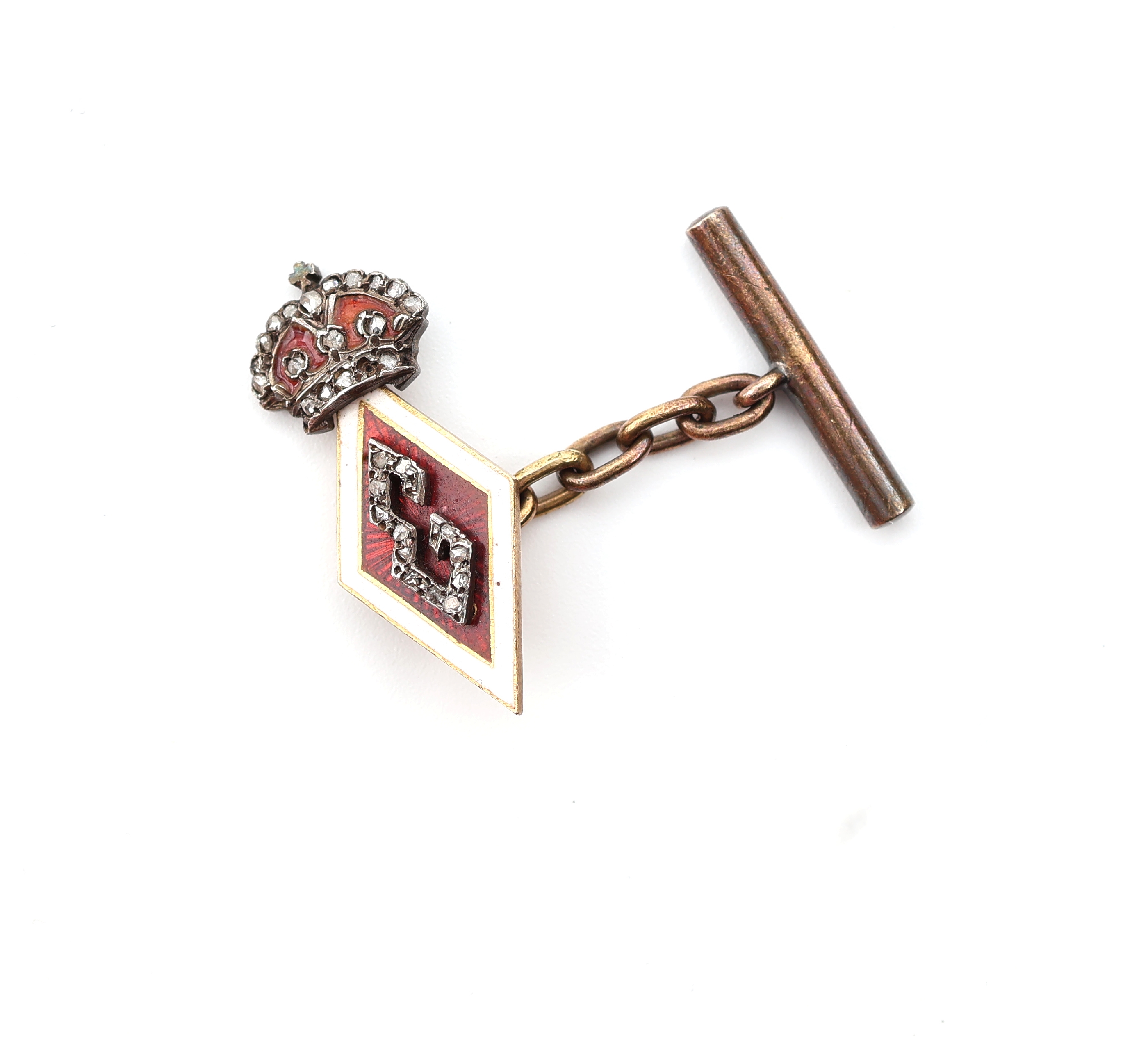 Detail b: Paar 14 kt Gold Diamant-Email- Manschettenknöpfe, wohl Russland um 1890/1905, rot und weiß emaill., Bekrönung mit Hochadelskrone, z.T. mit ...