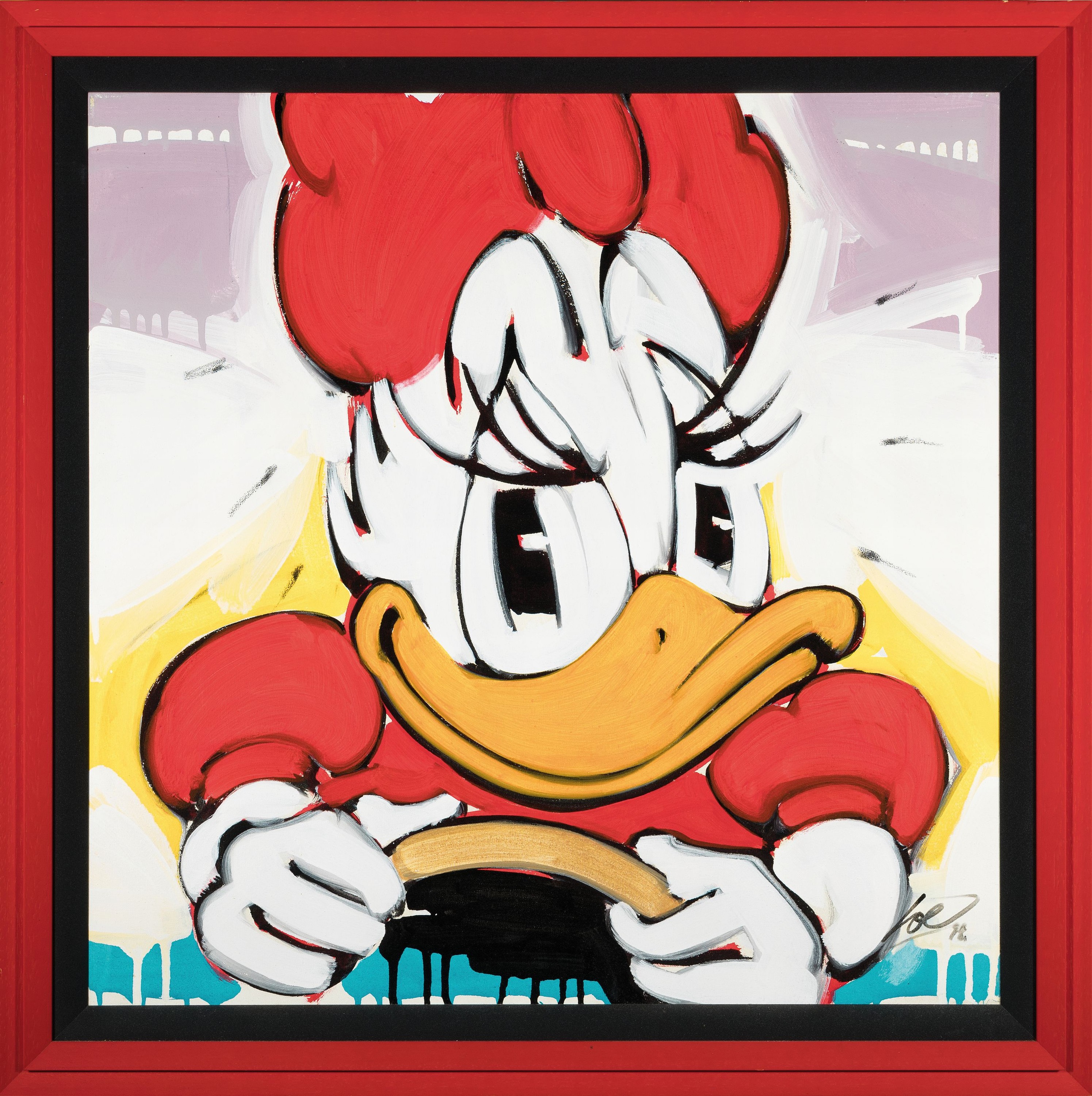 Detail k: Wolfgang Loesche, geb. 1947 Gotha, Daisy Duck, Acryl/Lwd, rechts unten monogr., rückseitig signiert und dat. 98, ca. 70x70cm, R. ca. 82x82cm