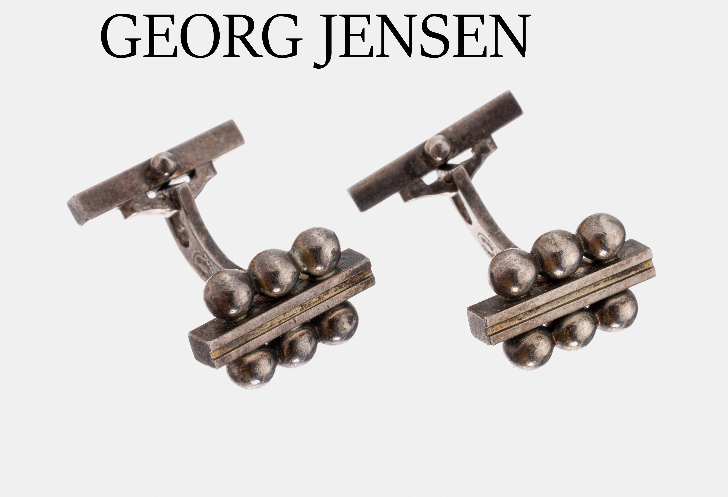 Paar GEORG JENSEN Manschettenknöpfe, 925er Silber, Dänemark 1970er Jahre, Stäbe mit Kugelabschlüssen, sign.