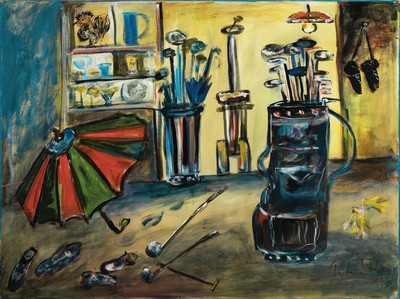26878269k - Pieter Sohl, 1933 Mannheim-2018, Interieur mit Golfschlägern und Schirm, ...