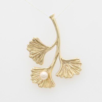 Image 26878311 - Anhänger mit Ginkgoblättern und Perle, GG 585/000, teilplastische Darstellung, ...