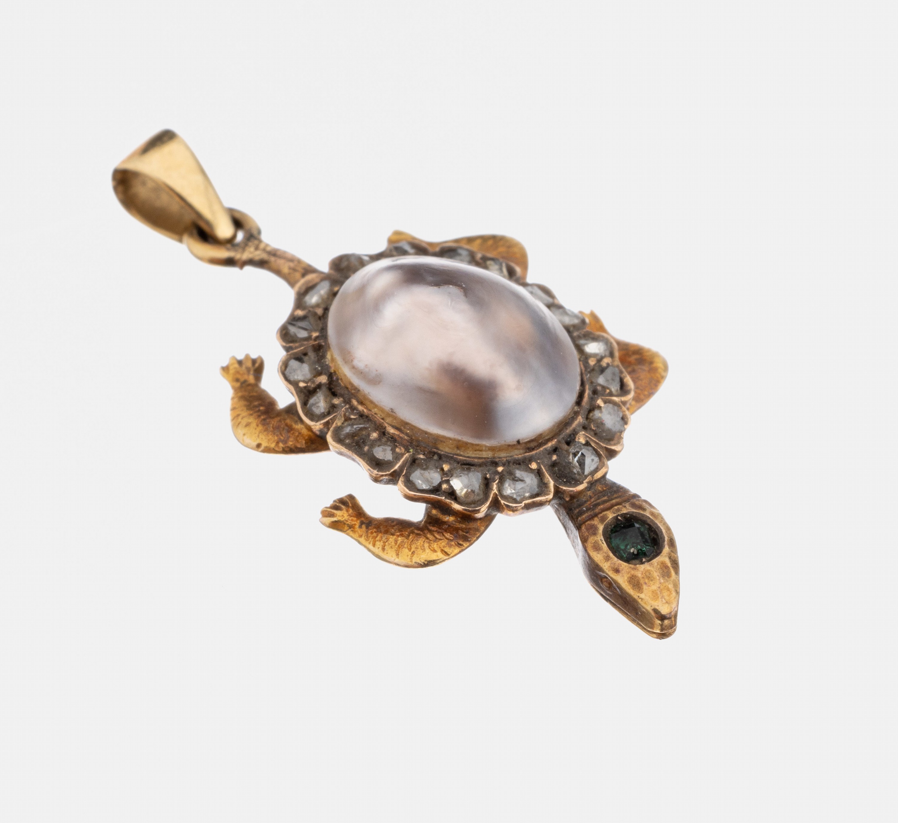 14 kt Gold Perl-Diamant-Anhänger, "Schildkröte", um 1880-90, GG 585/000 gepr., feine Verarbeitung, unrunde silbergrauePerle als Panzer, ...