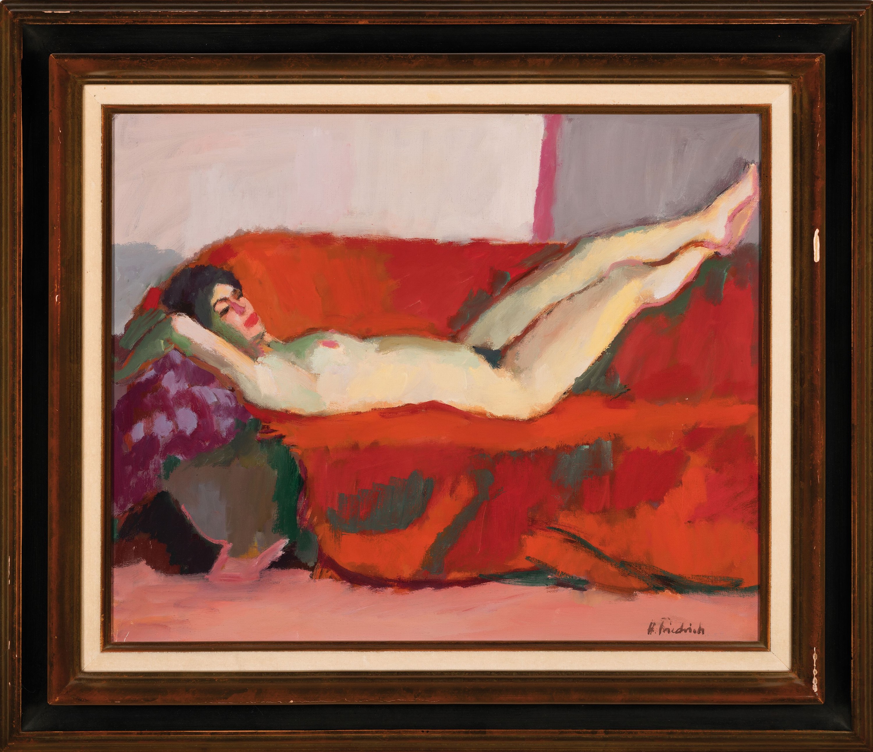 Detail k: Heinz Friedrich, 1924-2018 Schwetzingen, liegender weiblicher Akt, Öl/Lwd, rechts unten signiert, ca. 50x60cm, R. ca. 60x70cm, dieser leicht besch.
