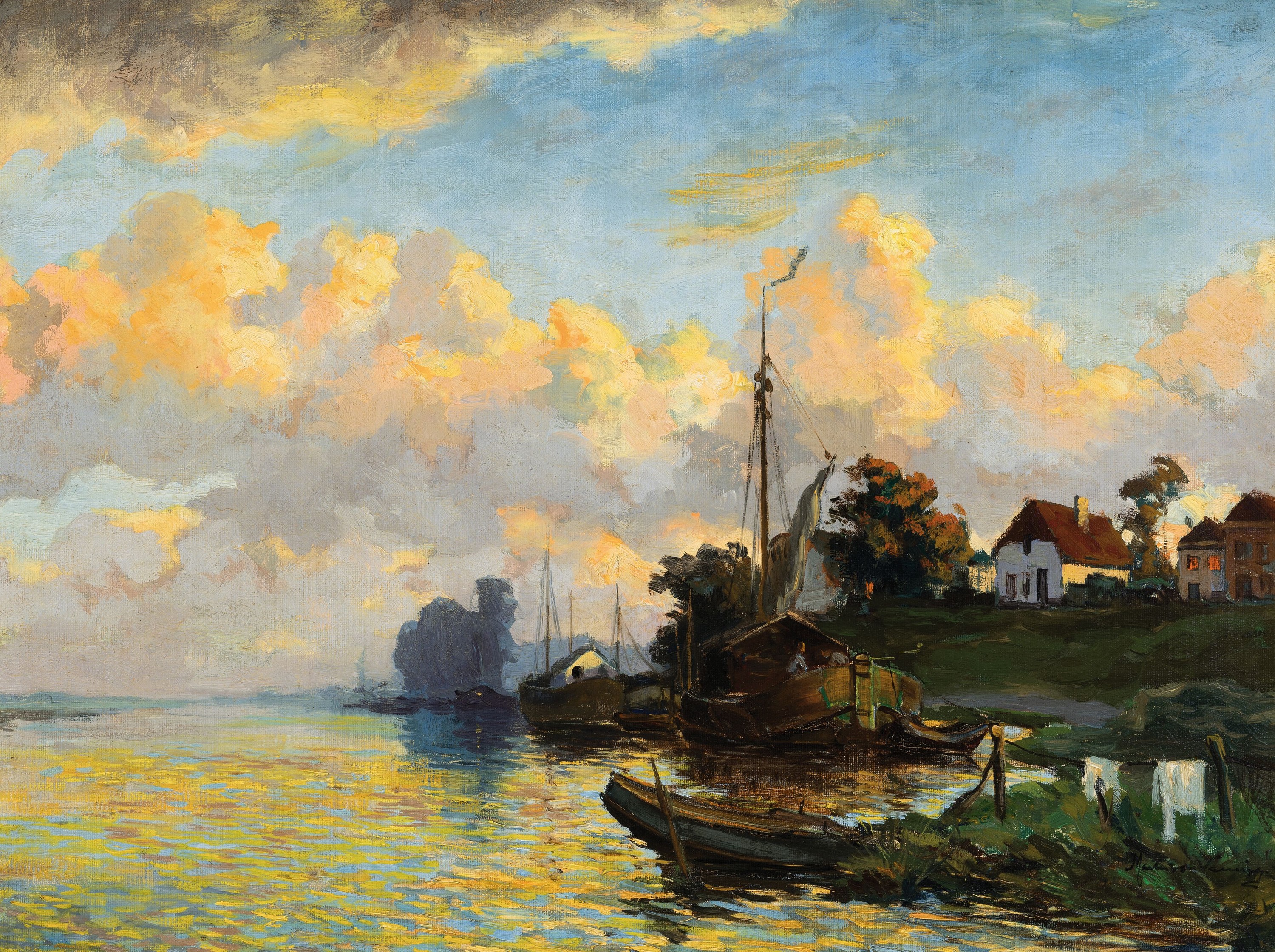 Martin van Waning, 1889-1972, Niederlande, Fischerboot am Ufer vor einem Bauernhaus, Öl/Lwd, gelungene Lichtsetzung im Wasser und in den Wolken, ...