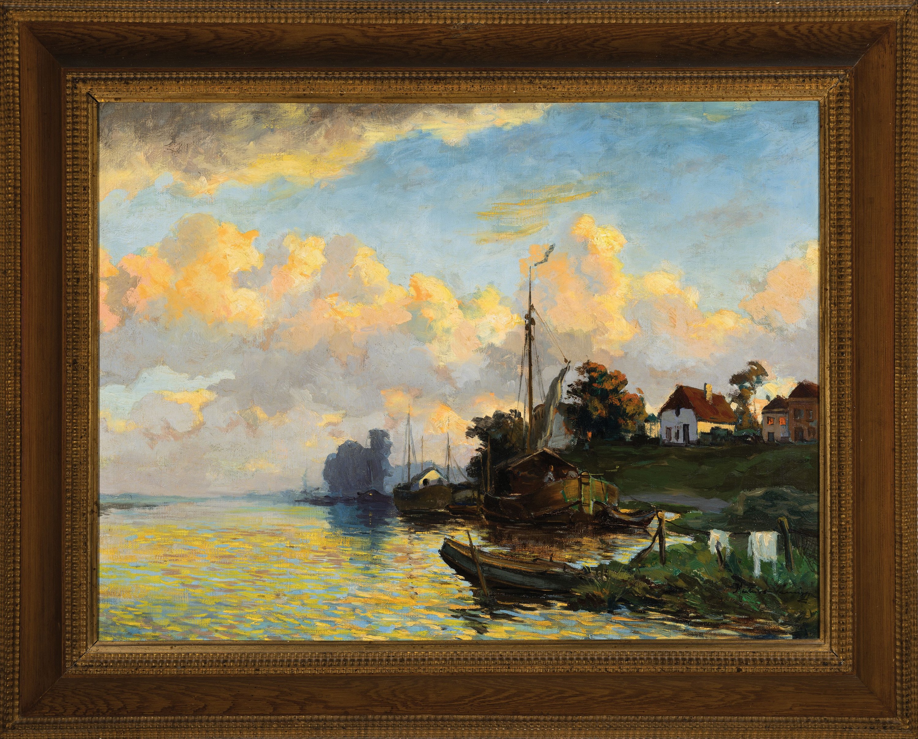 Detail k: Martin van Waning, 1889-1972, Niederlande, Fischerboot am Ufer vor einem Bauernhaus, Öl/Lwd, gelungene Lichtsetzung im Wasser und in den Wolken, ...