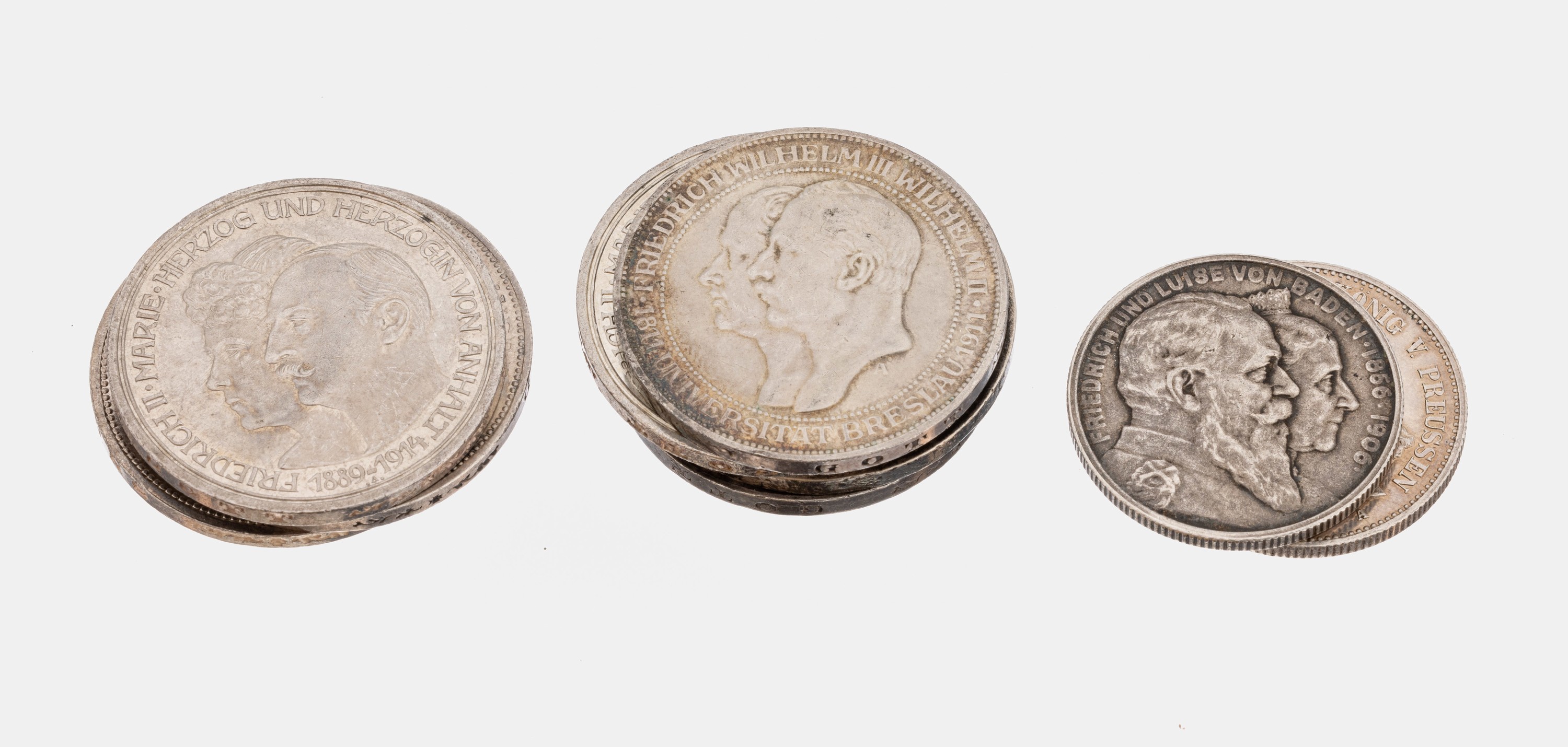 Konvolut 10 Silbermünzen, Deutsches Kaiserreich, 8 x 3 Mark: 4 x Friedrich II Marie Herzog und Herzogin von Anhalt, 1914, 1 x Friedrich Wilhelm III ...