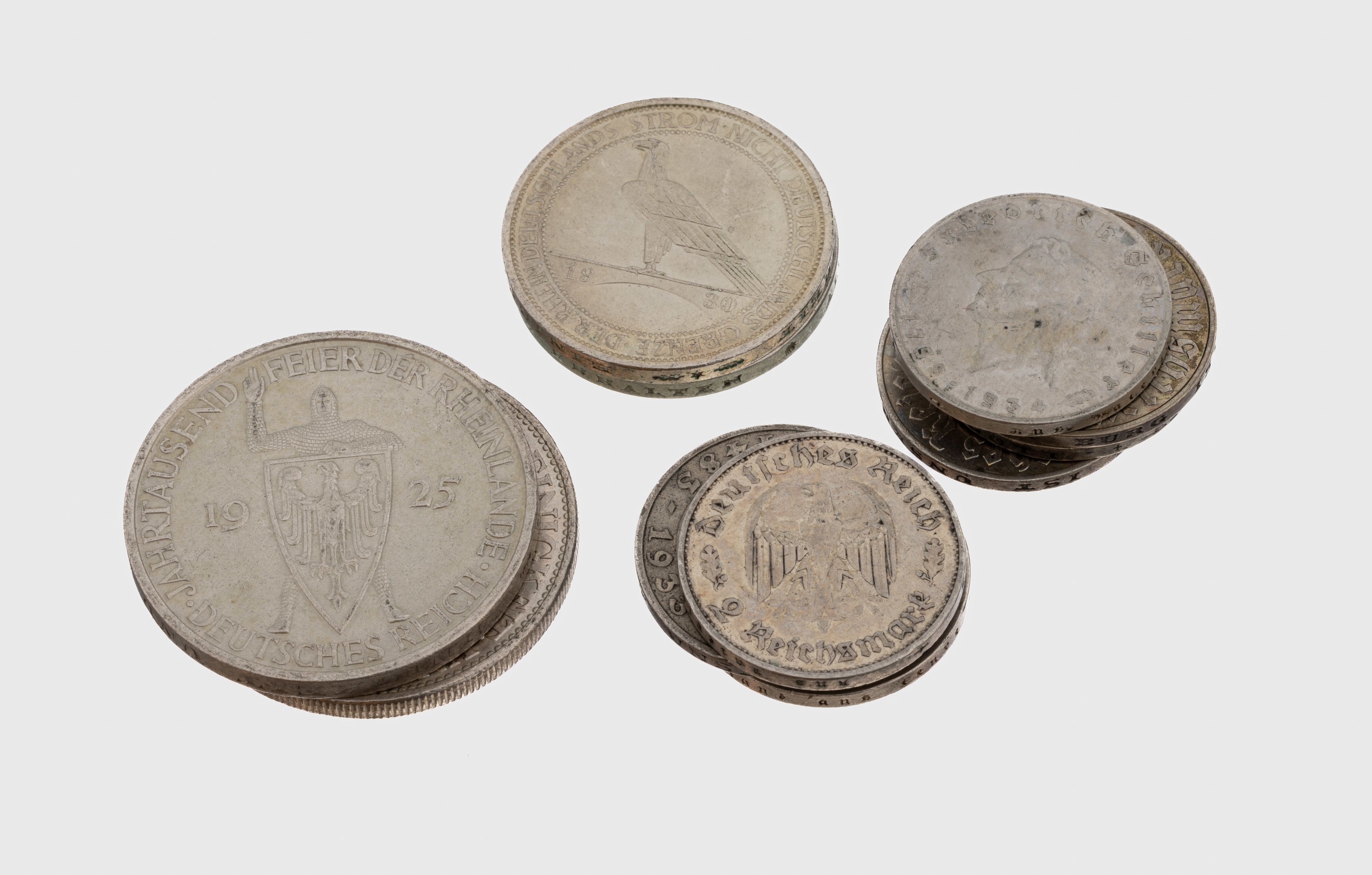 Konvolut 11 Silbermünzen, Deutsches Reich, best. aus: 2 x 5 Reichsmark: 1 x Jahrtausendfeier der Rheinland, 1925, 1 x Einigkeit und Recht und ...