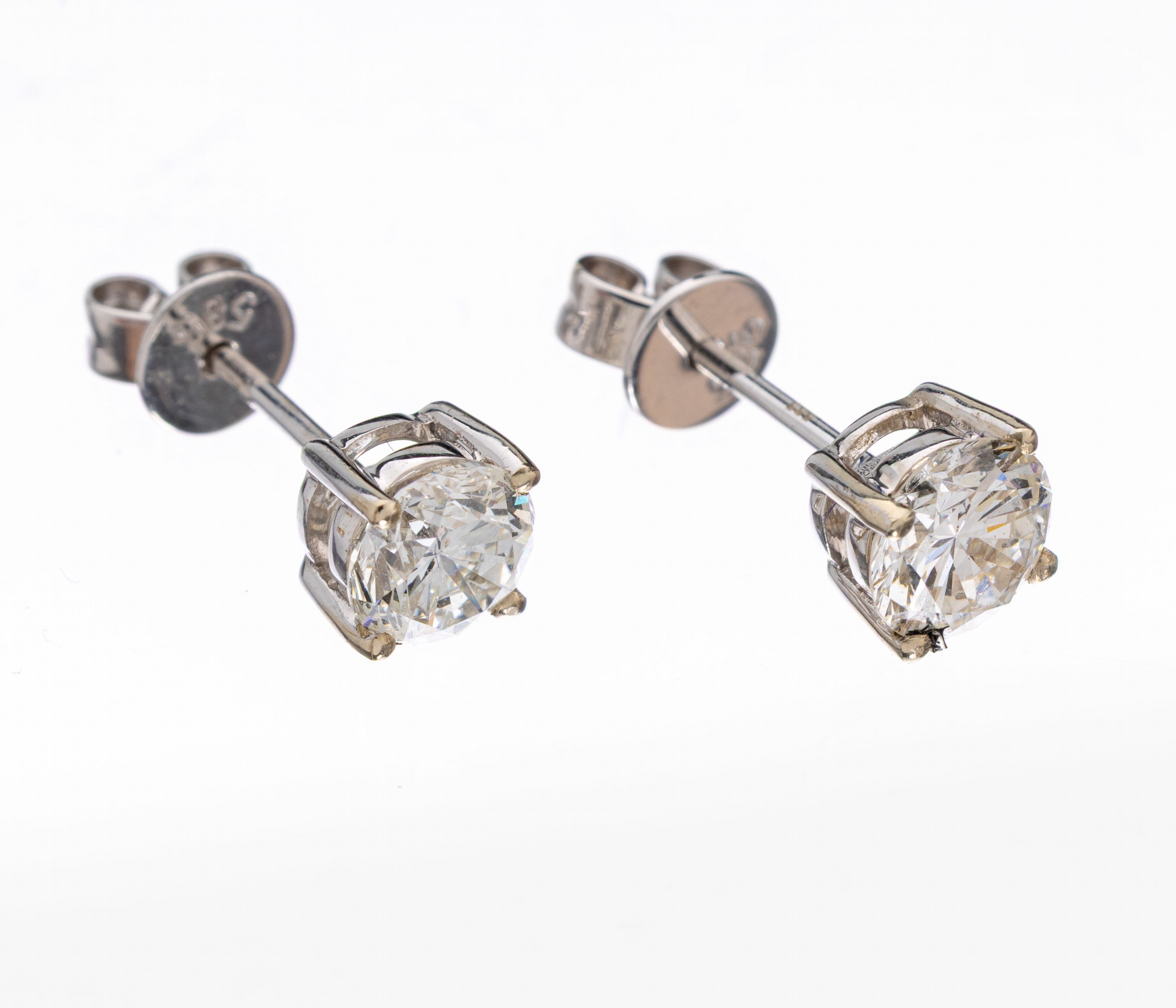 Paar 14 kt Gold Brillant-Ohrstecker, WG 585/000, 2 Brillanten zus. ca. 1.0 ct Weiß/si
