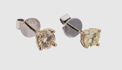 Image 26878586 - Paar 14 kt Gold Brillant-Ohrstecker, GG/WG 585/000, 2 Brillanten zus. ca. 1.28 ct ...