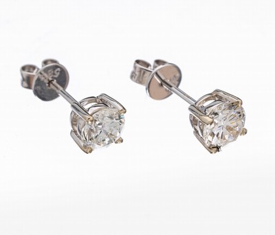 Paar 14 kt Gold Brillant-Ohrstecker,  WG 585/000, 2 Brillanten zus. ca. 1.0 ct Weiß/si