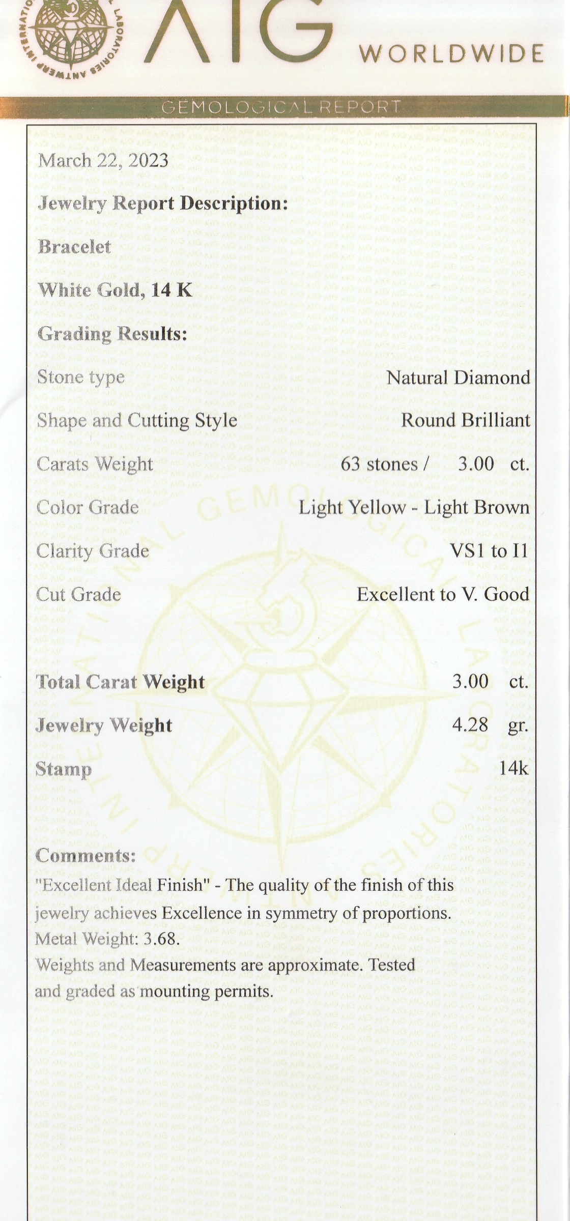 Detail a: 14 kt Gold Brillant-Armband, WG 585/000, 63 Brillanten zus. ca. 3.00 ct light Yellow- light Brown/p2, ca. 4.2 g, L. ca. 18 cm, Kastenschloss mit 2 ...