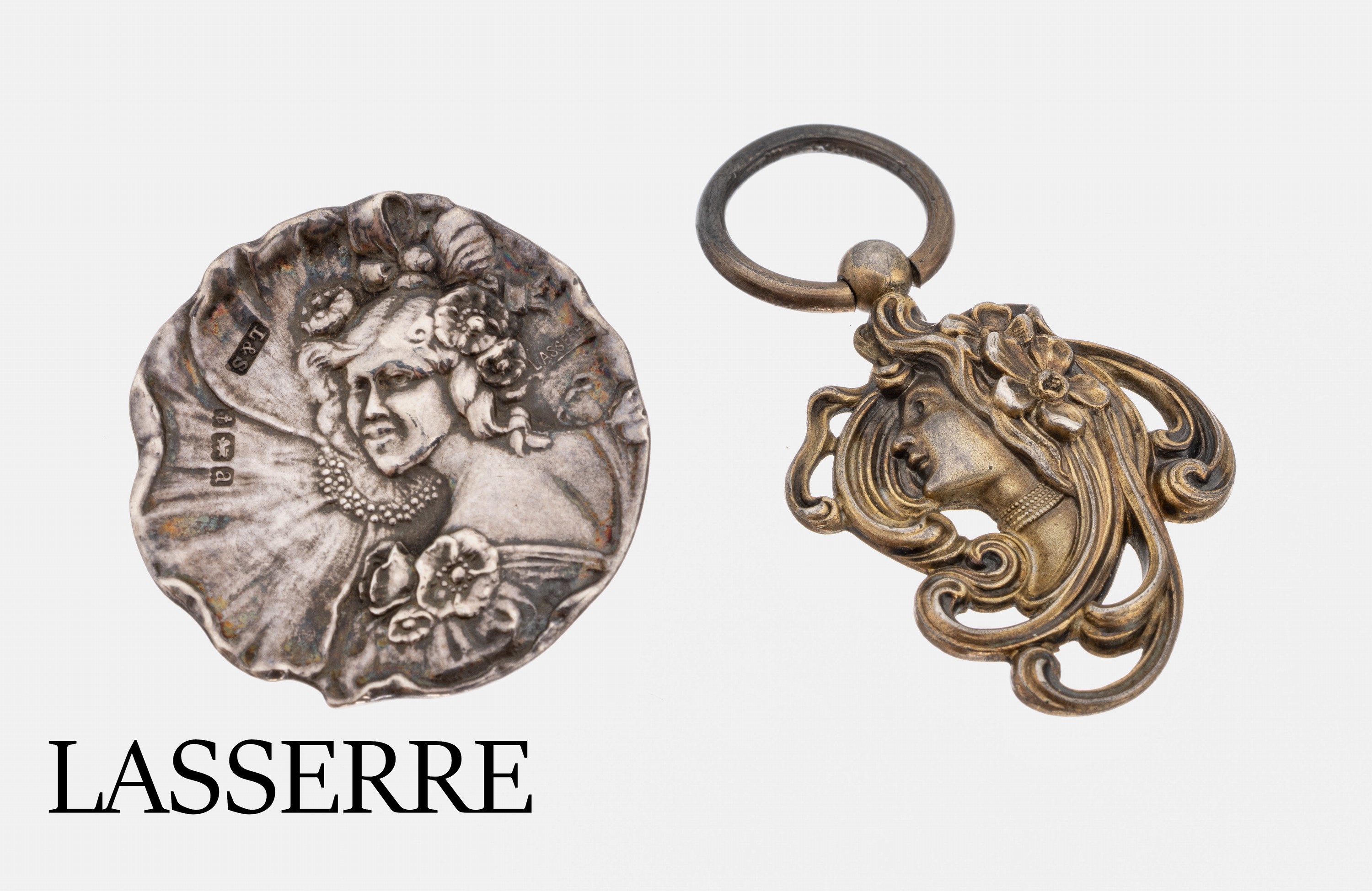 Jugendstil Konvolut, um 1900, best. aus: 1 Brosche, 925er Silber, England Birmingham, 1900, Darstellung einer jungen Dame, Entwurf Lasserre, ...