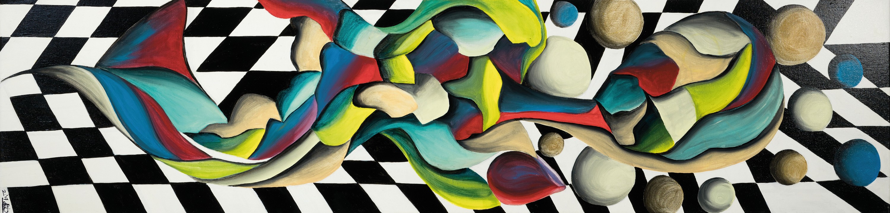 Jennifer Gilhaus, geb. 1986 Osnabrück, Schachbrettlady, Acryl und Lack auf Lwd, rechts unten sign. und dat. 2.17, ca. 120x 30cm