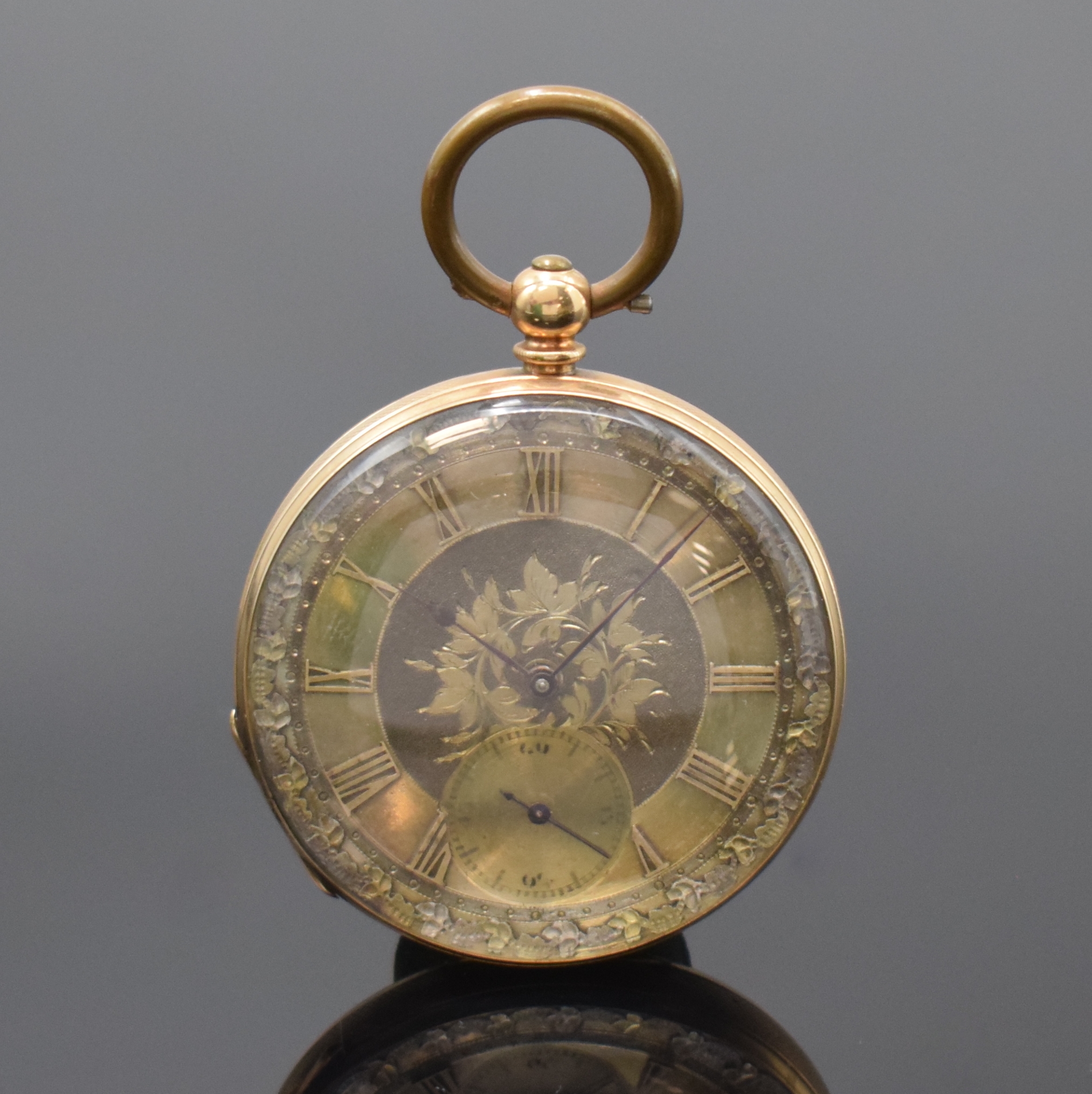 Offene Herrentaschenuhr mit Schlüsselaufzug in GG 585/000 Nr. 73288, Schweiz für den englischen Markt um 1880, guill. Geh. m. offenem ...