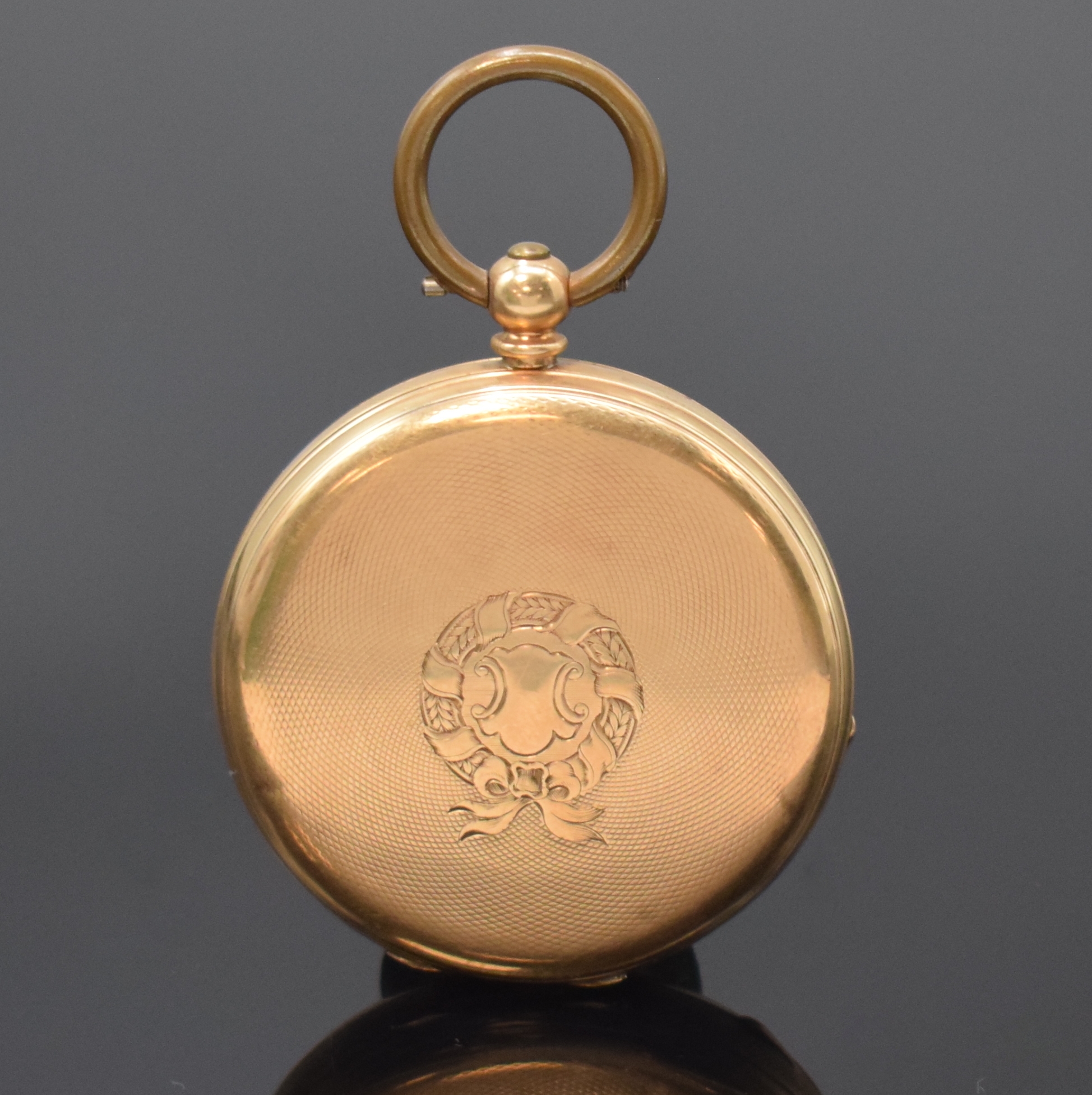 Detail a: Offene Herrentaschenuhr mit Schlüsselaufzug in GG 585/000 Nr. 73288, Schweiz für den englischen Markt um 1880, guill. Geh. m. offenem ...