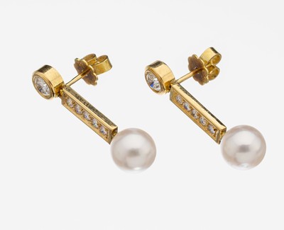 Image 26878926 - Paar 18 kt Gold Brillant-Perl-Ohrstecker, GG 750/000, länglich bewegl., 10 ...