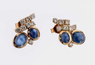 Image 26878927 - Paar 14 kt Gold Saphir-Brillant-Ohrstecker, GG 585/000, 4 Saphir-Cabochons zus. ca. 1.50 ...