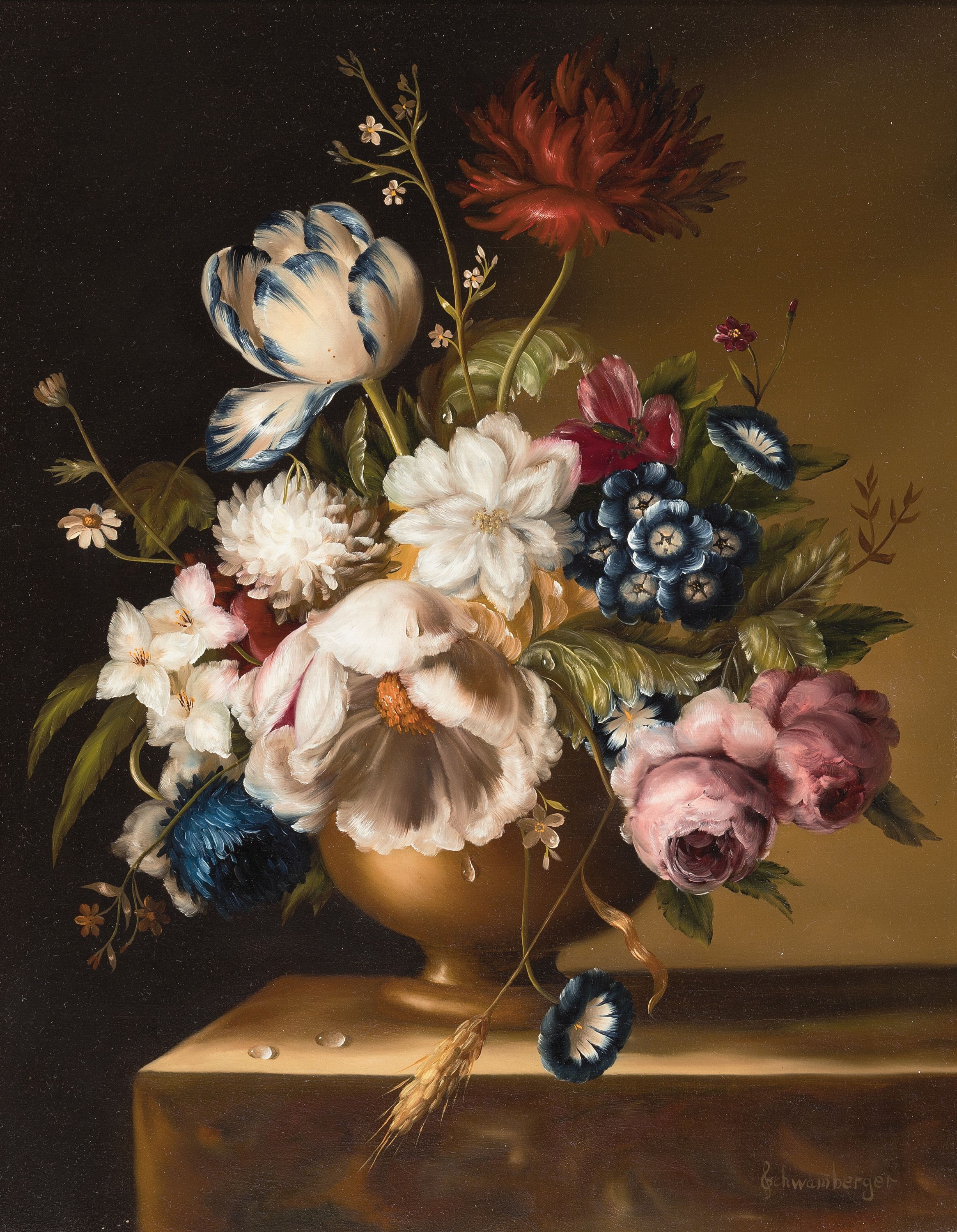 Hildegard Schwammberger, geb. 1950 Essen, Üppiges Blumenstillleben im Stil der alten Meiser, feine detaillierte Malerei, genaue Darstellung von ...