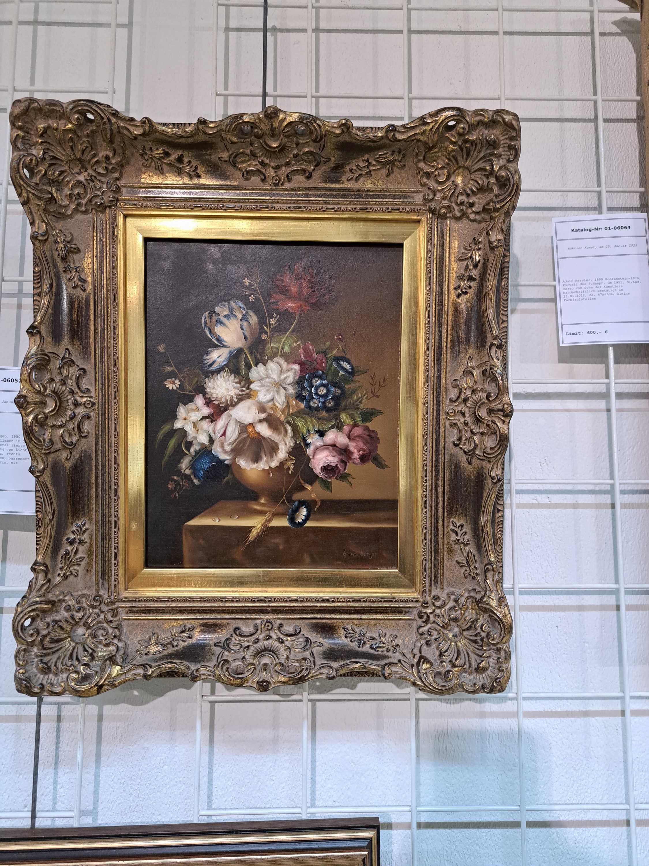 Detail a: Hildegard Schwammberger, geb. 1950 Essen, Üppiges Blumenstillleben im Stil der alten Meiser, feine detaillierte Malerei, genaue Darstellung von ...