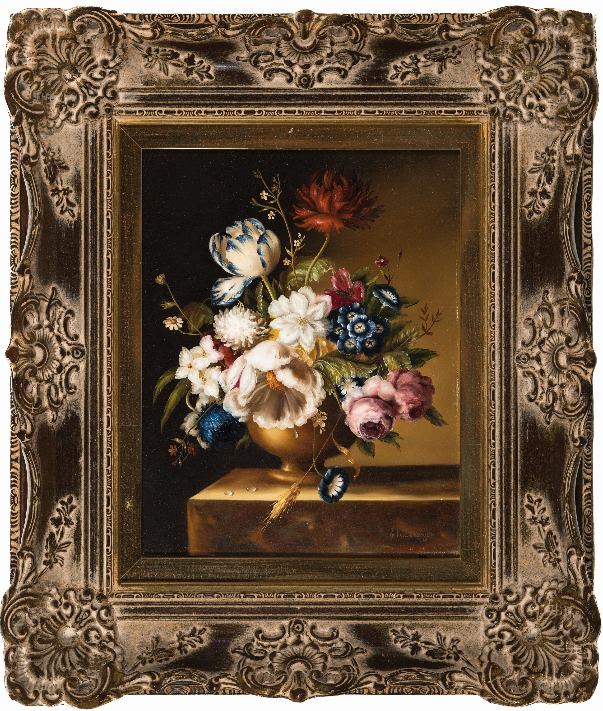 Detail k: Hildegard Schwammberger, geb. 1950 Essen, Üppiges Blumenstillleben im Stil der alten Meiser, feine detaillierte Malerei, genaue Darstellung von ...