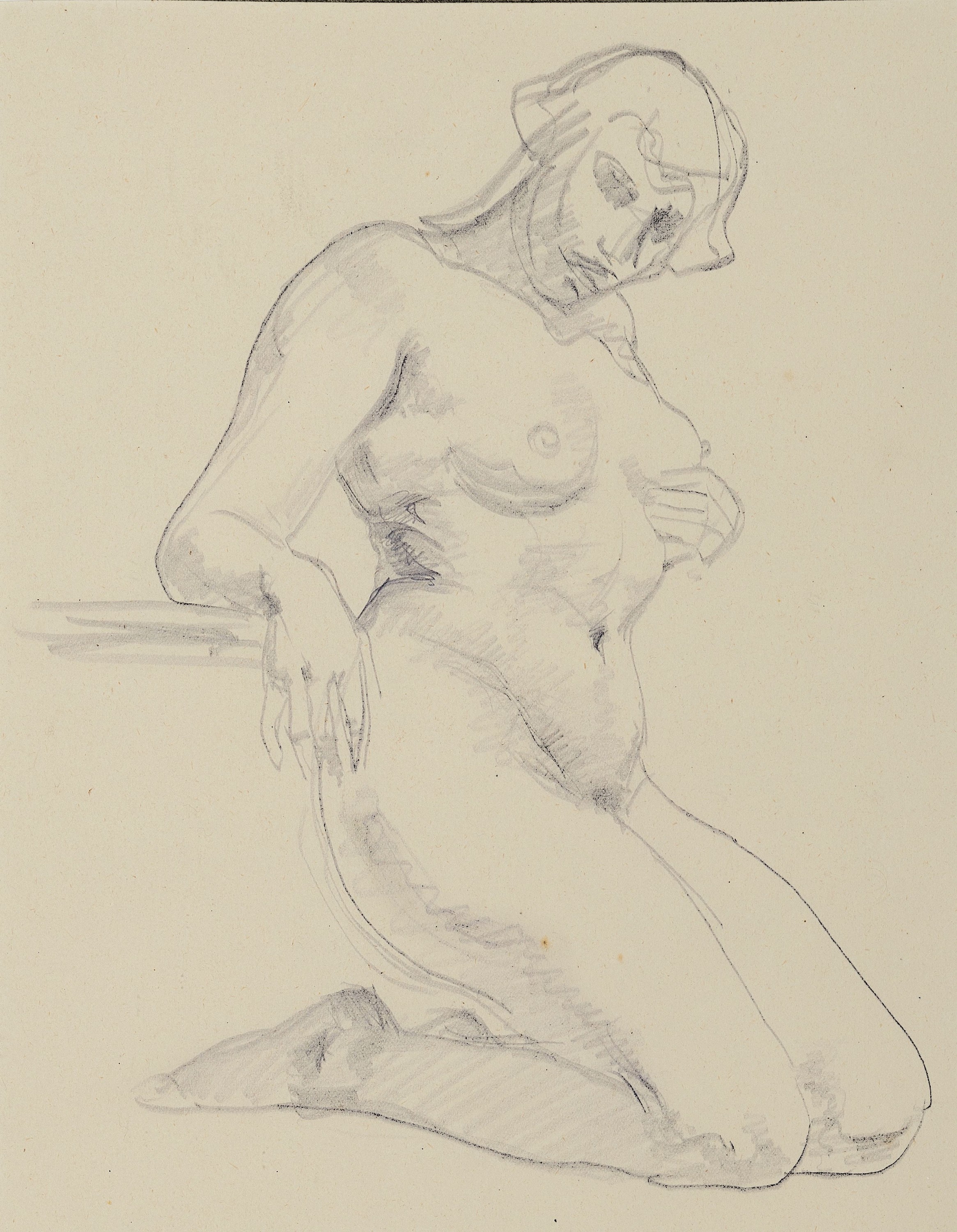 Robert Jakob Bock, 1896 Darmstadt-1943 Pirmasens, 2 Bleistift- bzw. Kohlezeichnungen, stehender männlicher Akt mitindefinitem Gegenstand, knieender ...