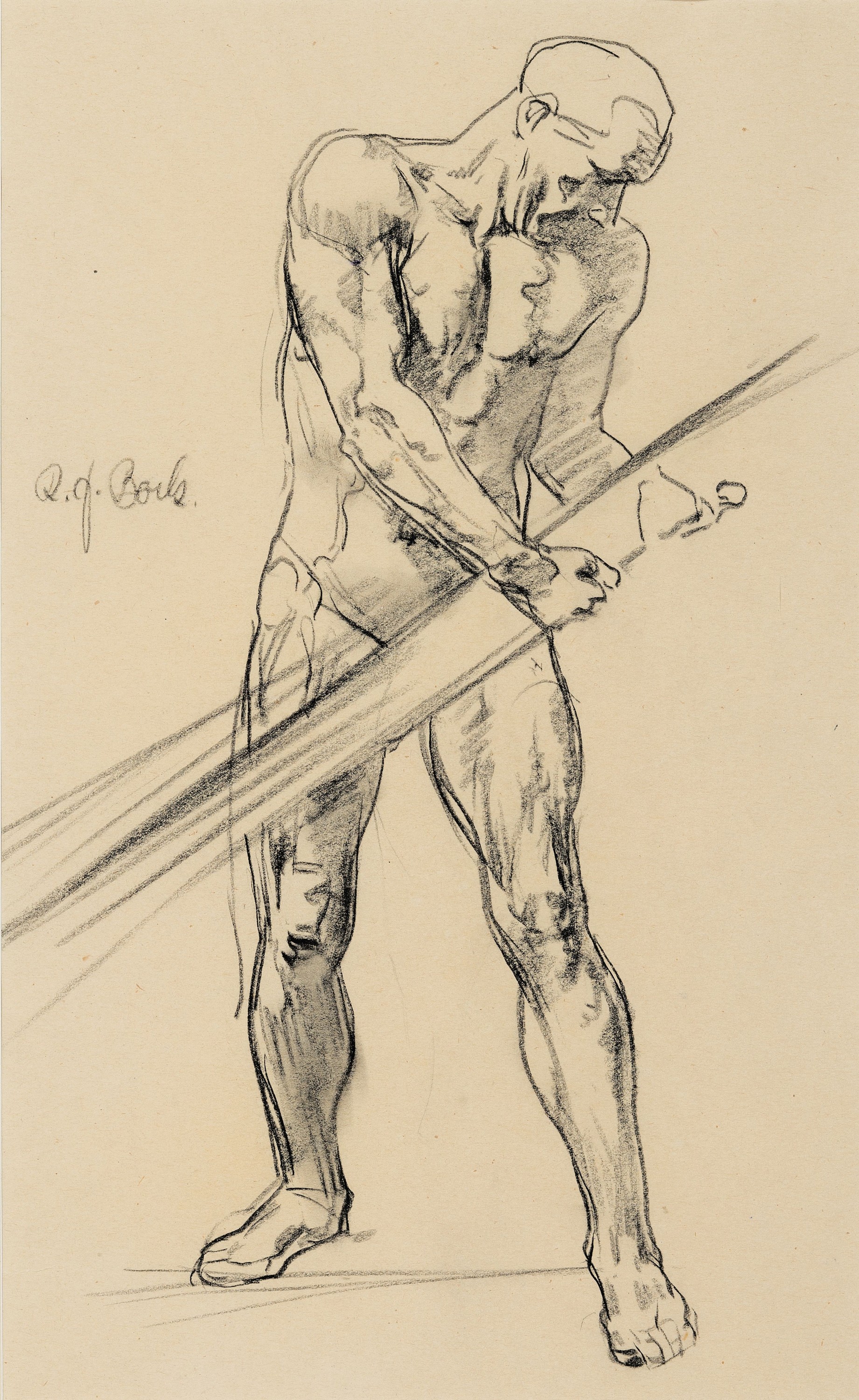 Detail a: Robert Jakob Bock, 1896 Darmstadt-1943 Pirmasens, 2 Bleistift- bzw. Kohlezeichnungen, stehender männlicher Akt mitindefinitem Gegenstand, knieender ...