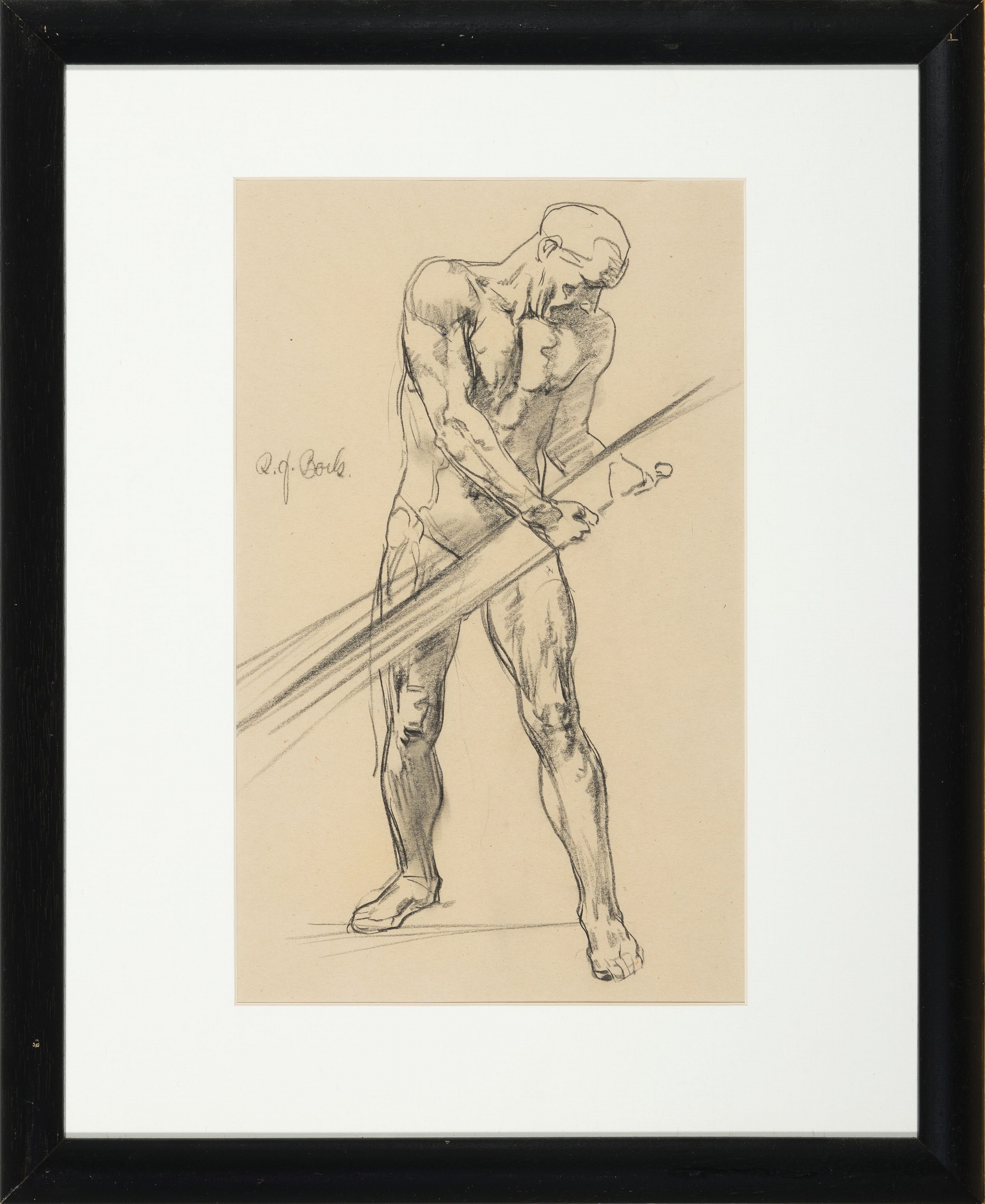 Detail l: Robert Jakob Bock, 1896 Darmstadt-1943 Pirmasens, 2 Bleistift- bzw. Kohlezeichnungen, stehender männlicher Akt mitindefinitem Gegenstand, knieender ...