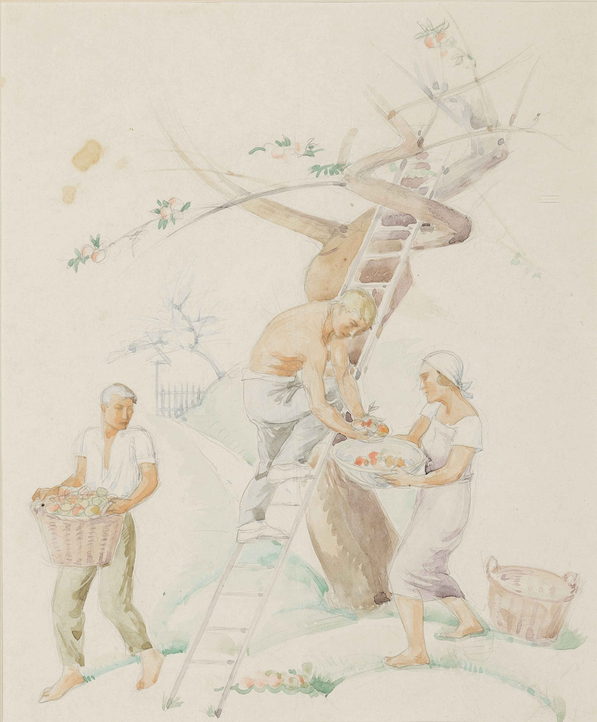 Robert Jakob Bock, 1896 Darmstadt-1943 Pirmasens, Aquarell und Bleistift auf Papier, Apfelernte, veristische Tendenz der 1930er -Jahre verso Nachlass ...