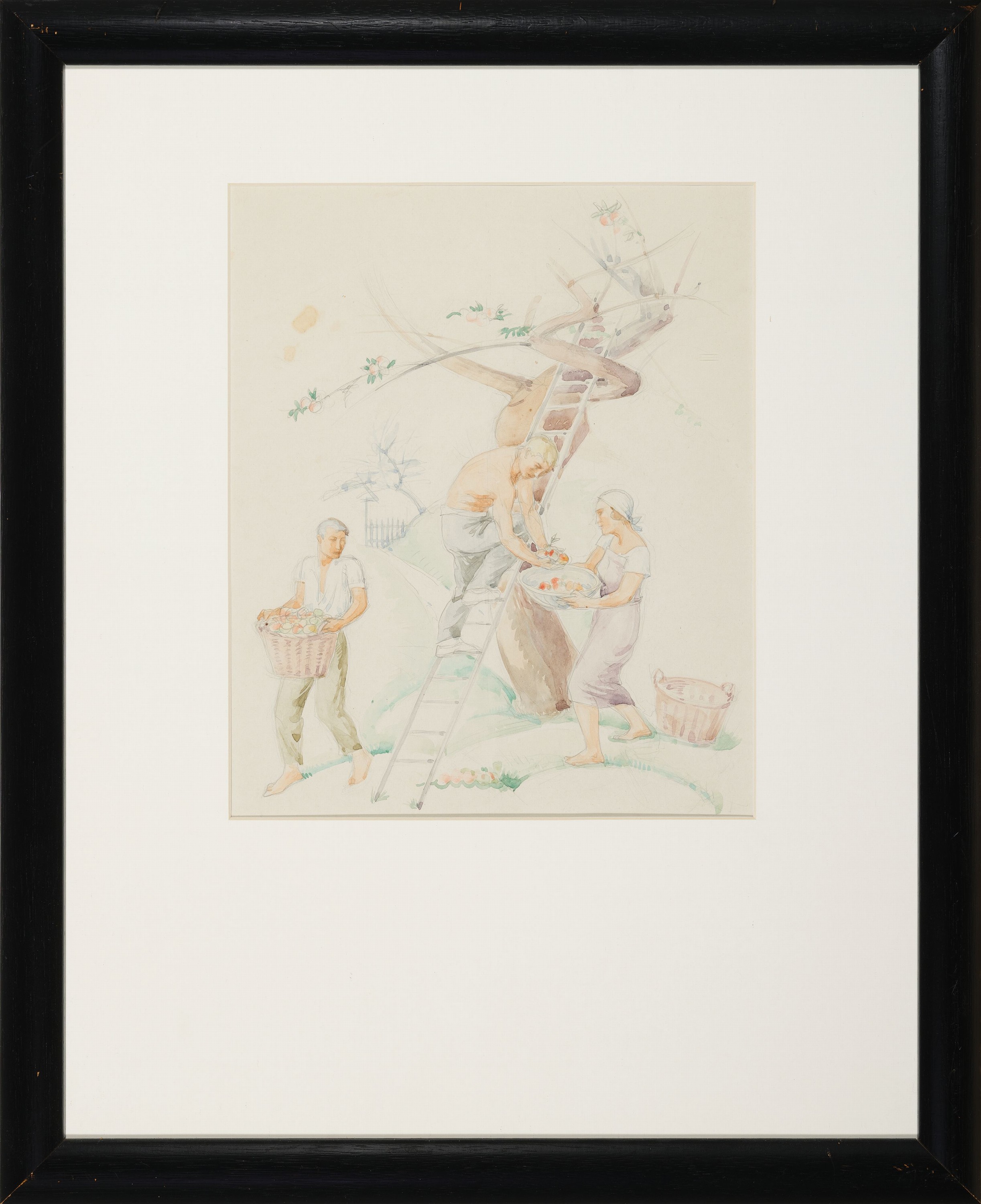 Detail k: Robert Jakob Bock, 1896 Darmstadt-1943 Pirmasens, Aquarell und Bleistift auf Papier, Apfelernte, veristische Tendenz der 1930er -Jahre verso Nachlass ...
