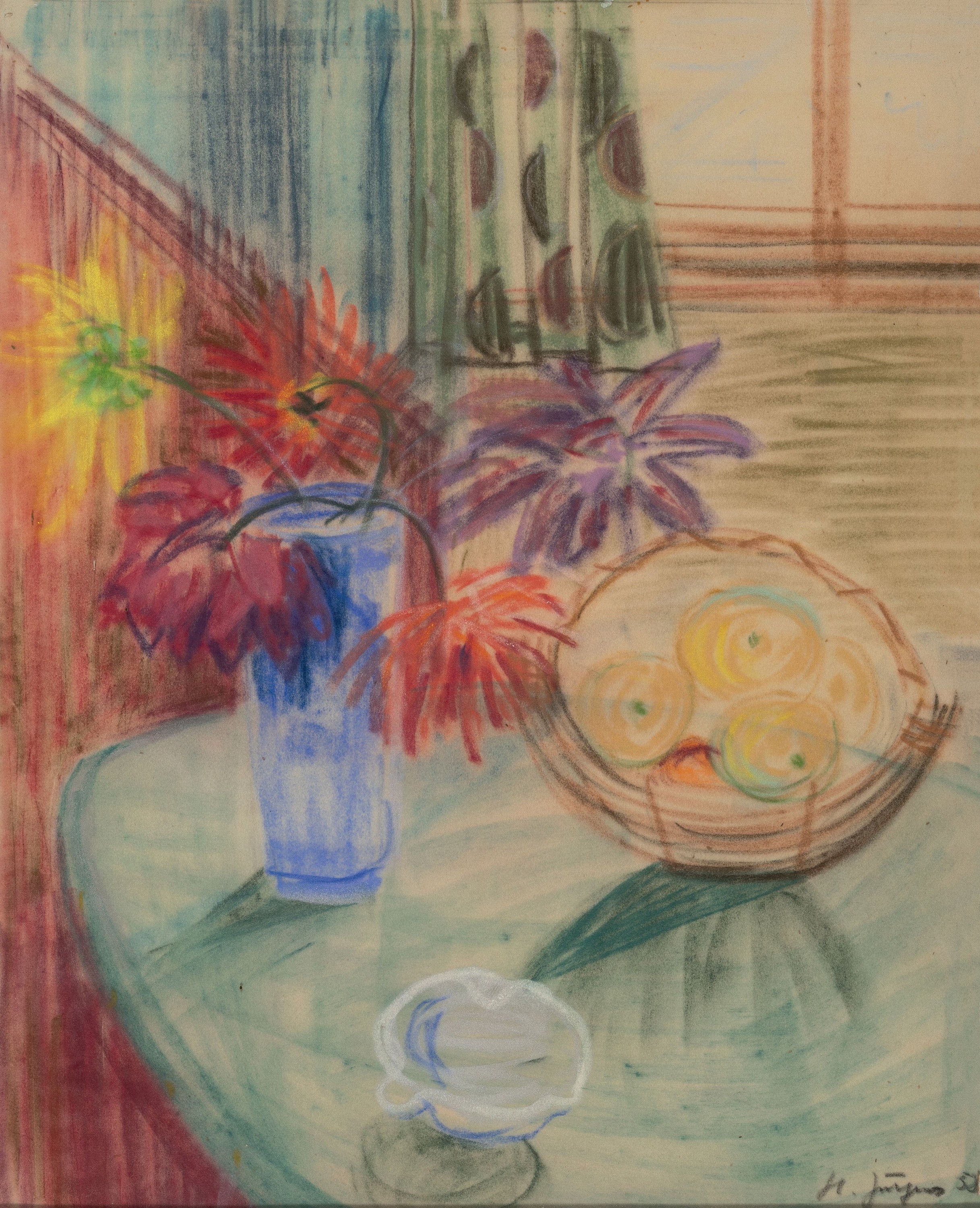 Hermman Jürgens, 1914 Heidelberg-1967 Godramstein, Pastellkreidezeichnung, Küchenstillleben mit Blumenvase, Obstkorb und Aschenbecher, rechts unten ...