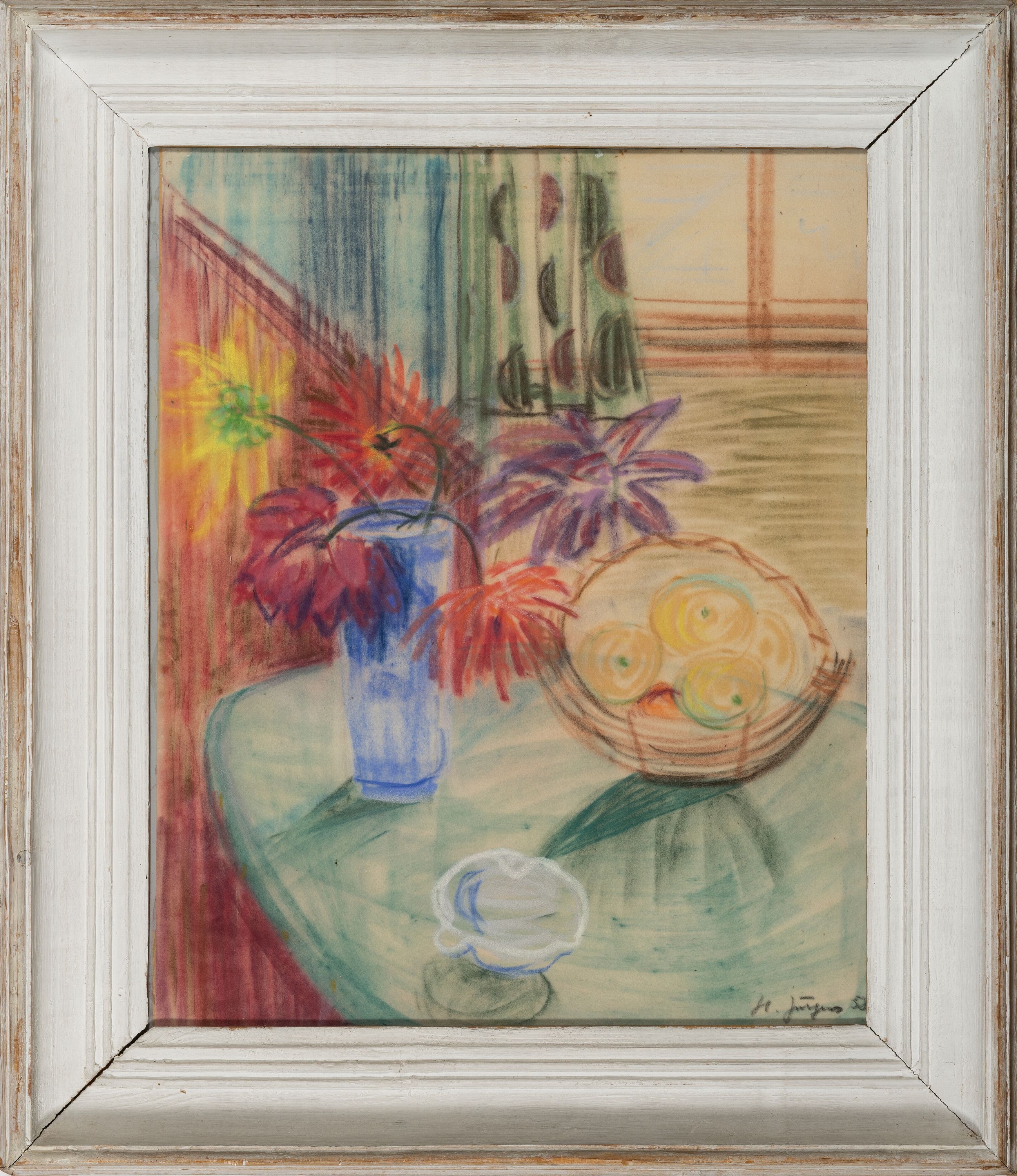 Detail k: Hermman Jürgens, 1914 Heidelberg-1967 Godramstein, Pastellkreidezeichnung, Küchenstillleben mit Blumenvase, Obstkorb und Aschenbecher, rechts unten ...