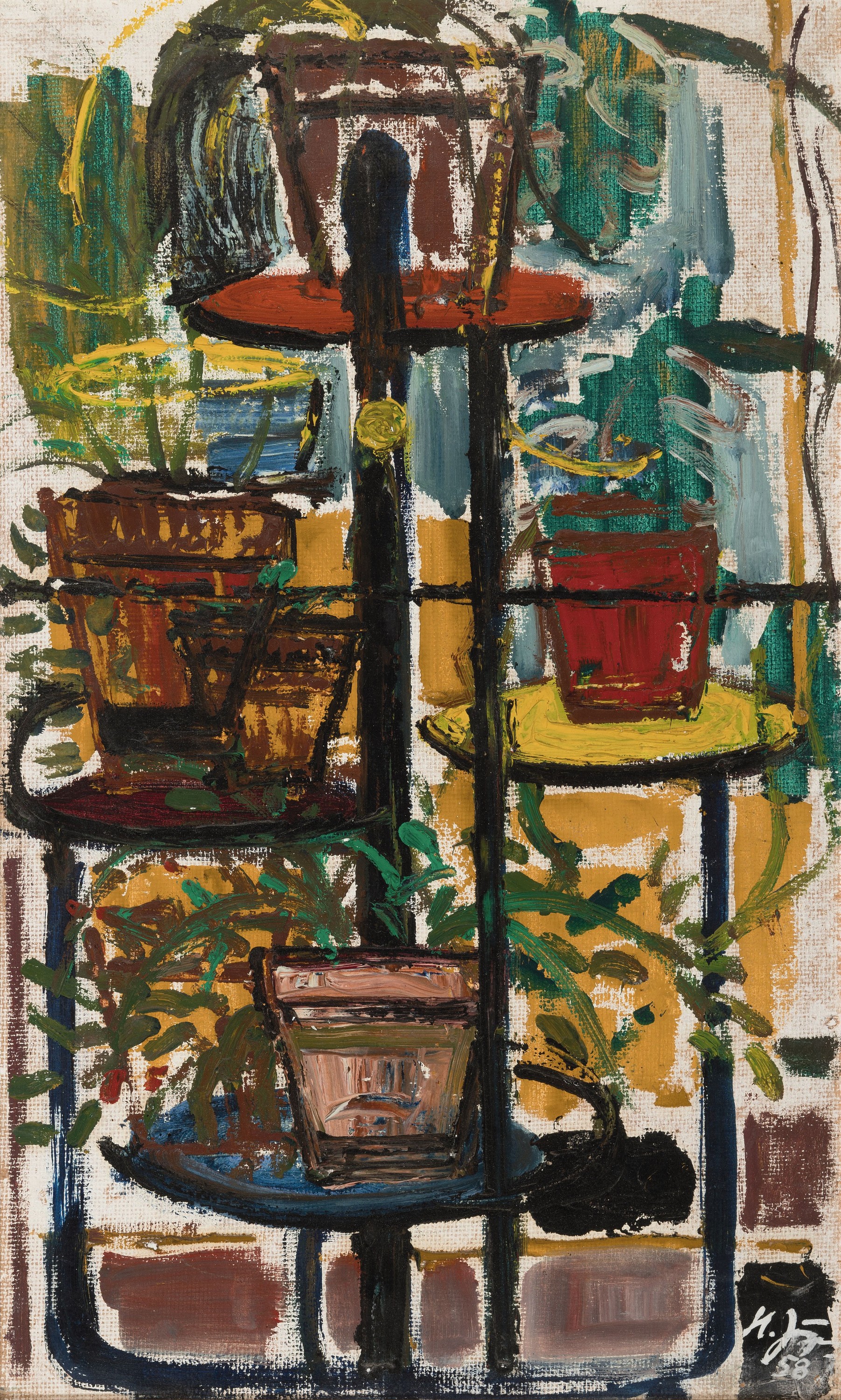 Hermann Jürgens, 1914 Heidelberg-1967 Godramstein, Stillleben mit Zimmerpflanzen auf Blumenetagere, rechts unten signiert und datiert 1958, ...