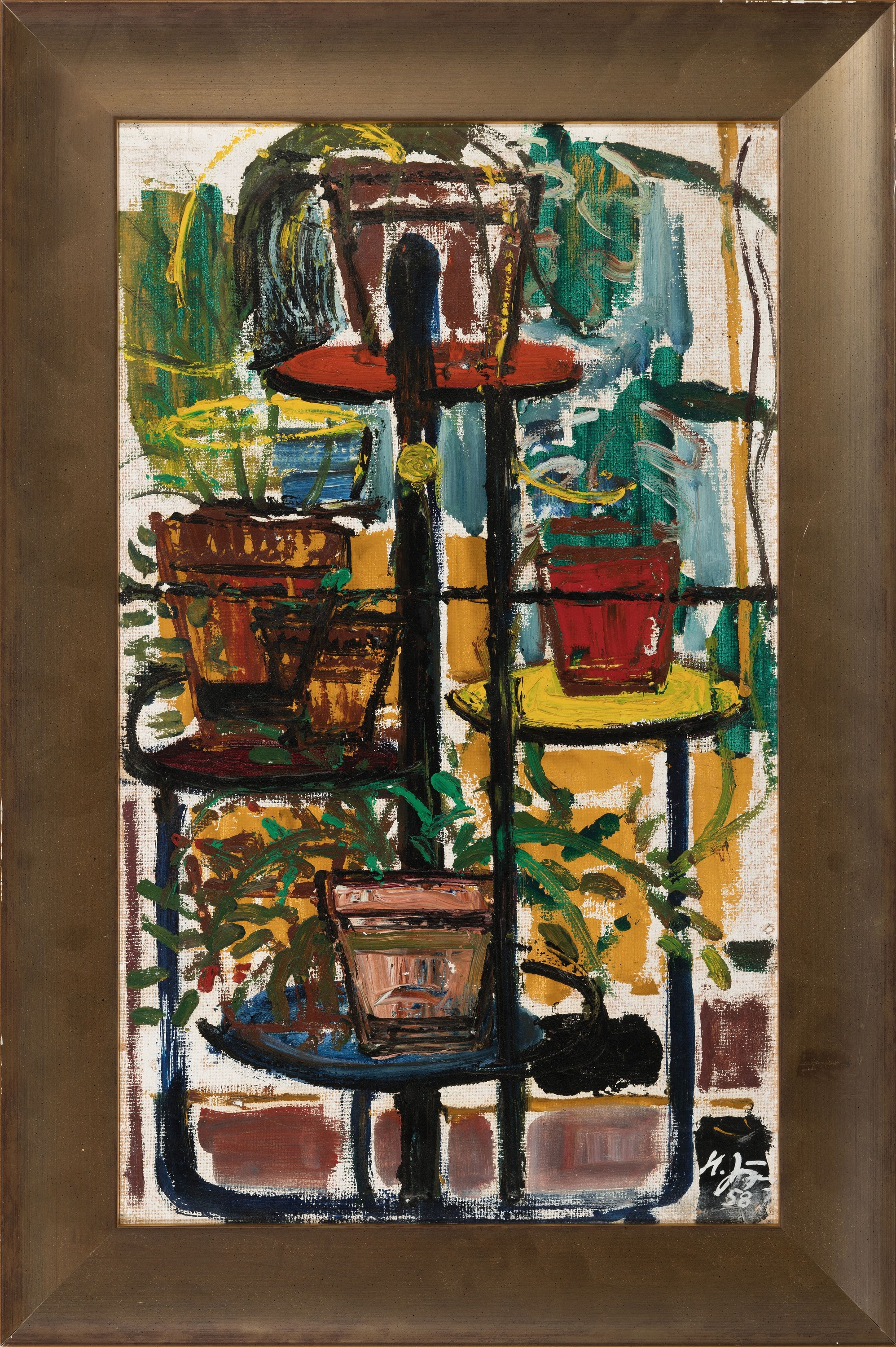 Detail k: Hermann Jürgens, 1914 Heidelberg-1967 Godramstein, Stillleben mit Zimmerpflanzen auf Blumenetagere, rechts unten signiert und datiert 1958, ...