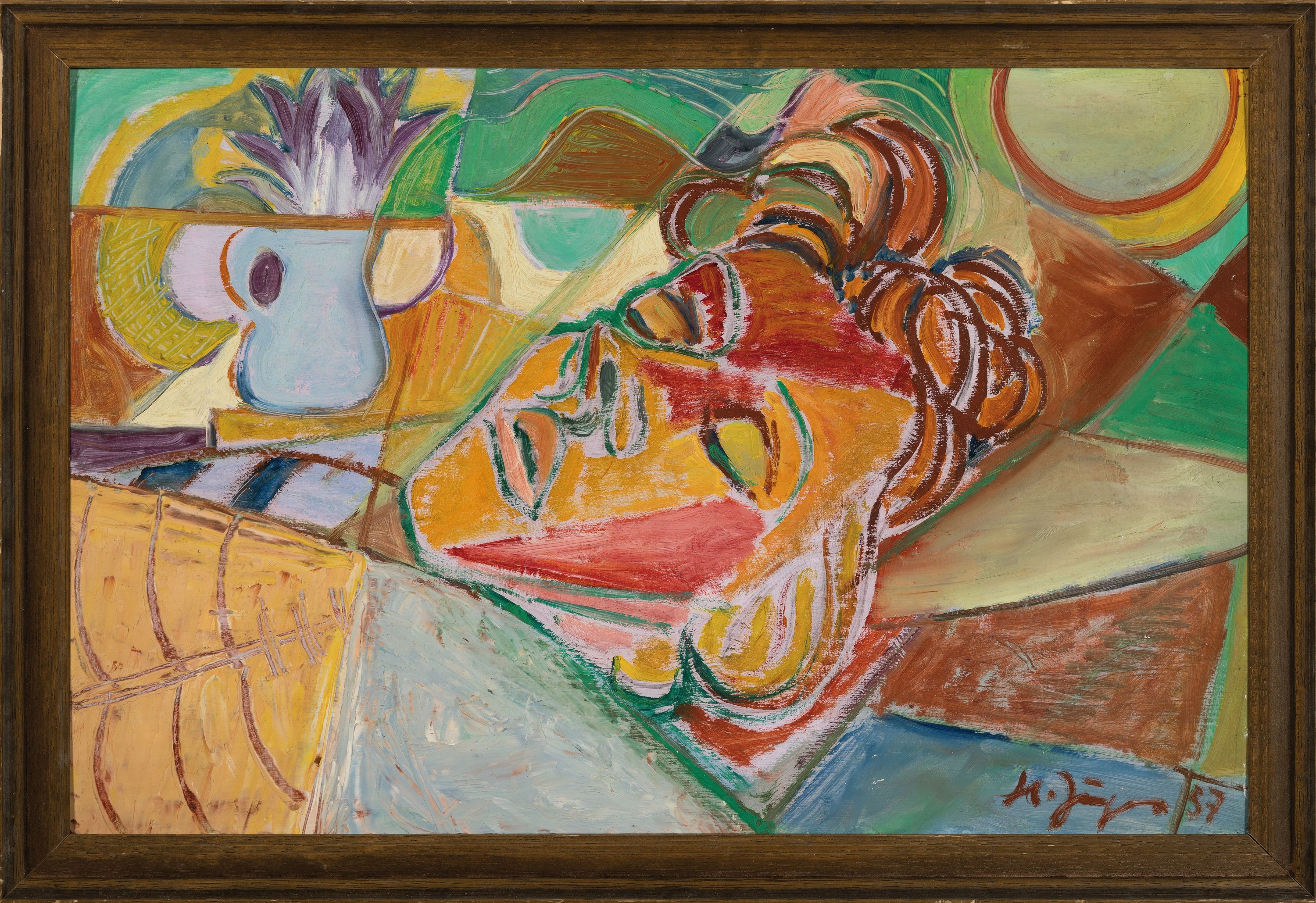 Detail k: Hermann Jürgens, 1914 Heidelberg-1967 Godramstein, kubistisches Porträt, rechts unten signiert und datiert 1957, Öl/Karton, Rahmen 42x61 cm
