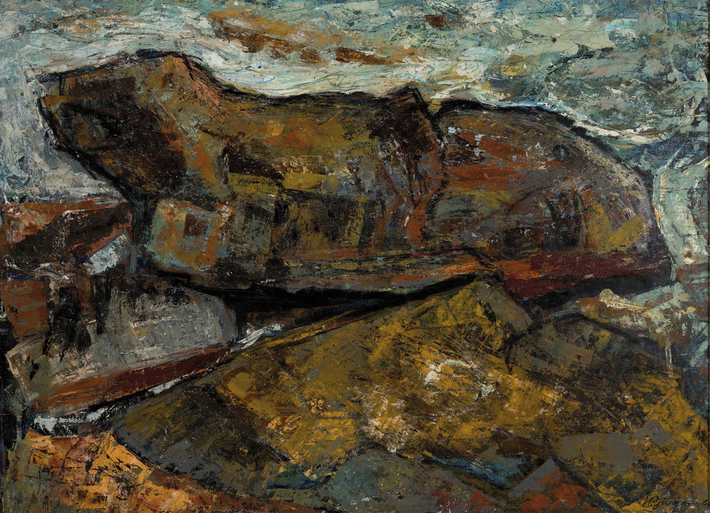 Hermann Jürgens, 1914 Heidelberg-1967 Godramstein, Landschaft "Terra-Mare" so bez., links unten signiert und datiert 1966, verso ...