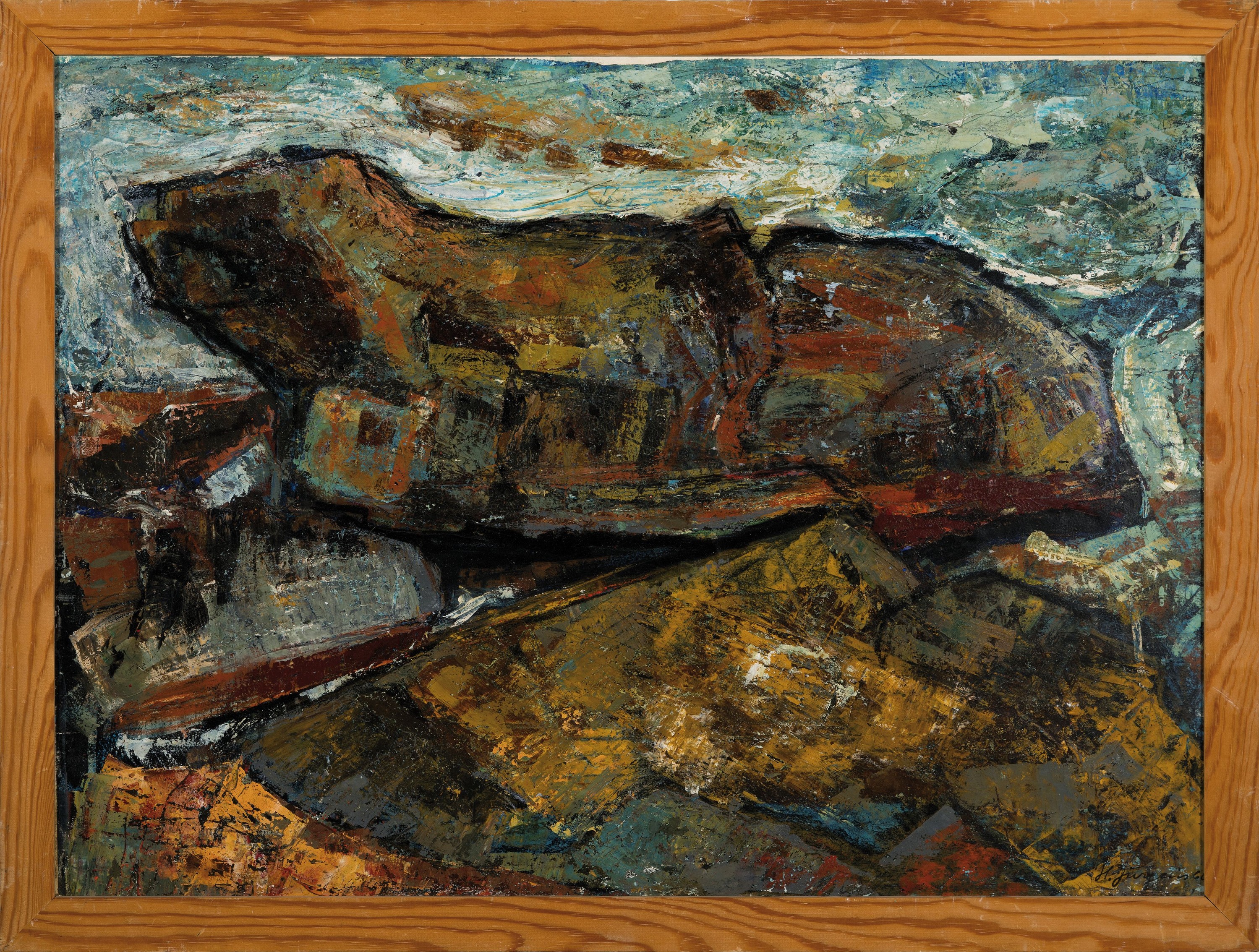 Detail k: Hermann Jürgens, 1914 Heidelberg-1967 Godramstein, Landschaft "Terra-Mare" so bez., links unten signiert und datiert 1966, verso ...