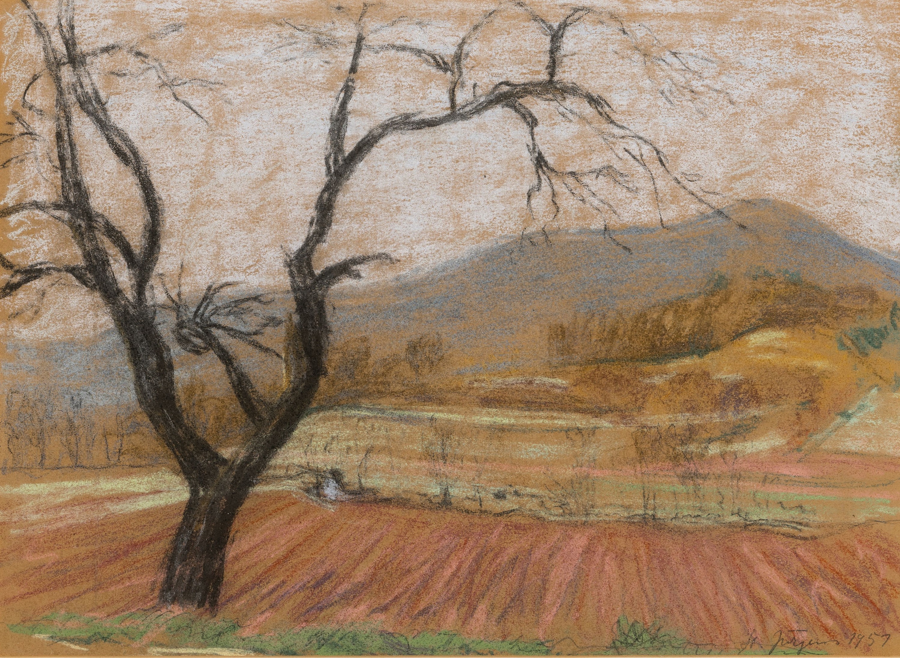 Hermann Jürgens, 1914 Heidelberg-1967 Godramstein, Pastellkreidezeichnung, "Vorfrühling (Hermannshof Südpfalz)", rechts unten signiert ...