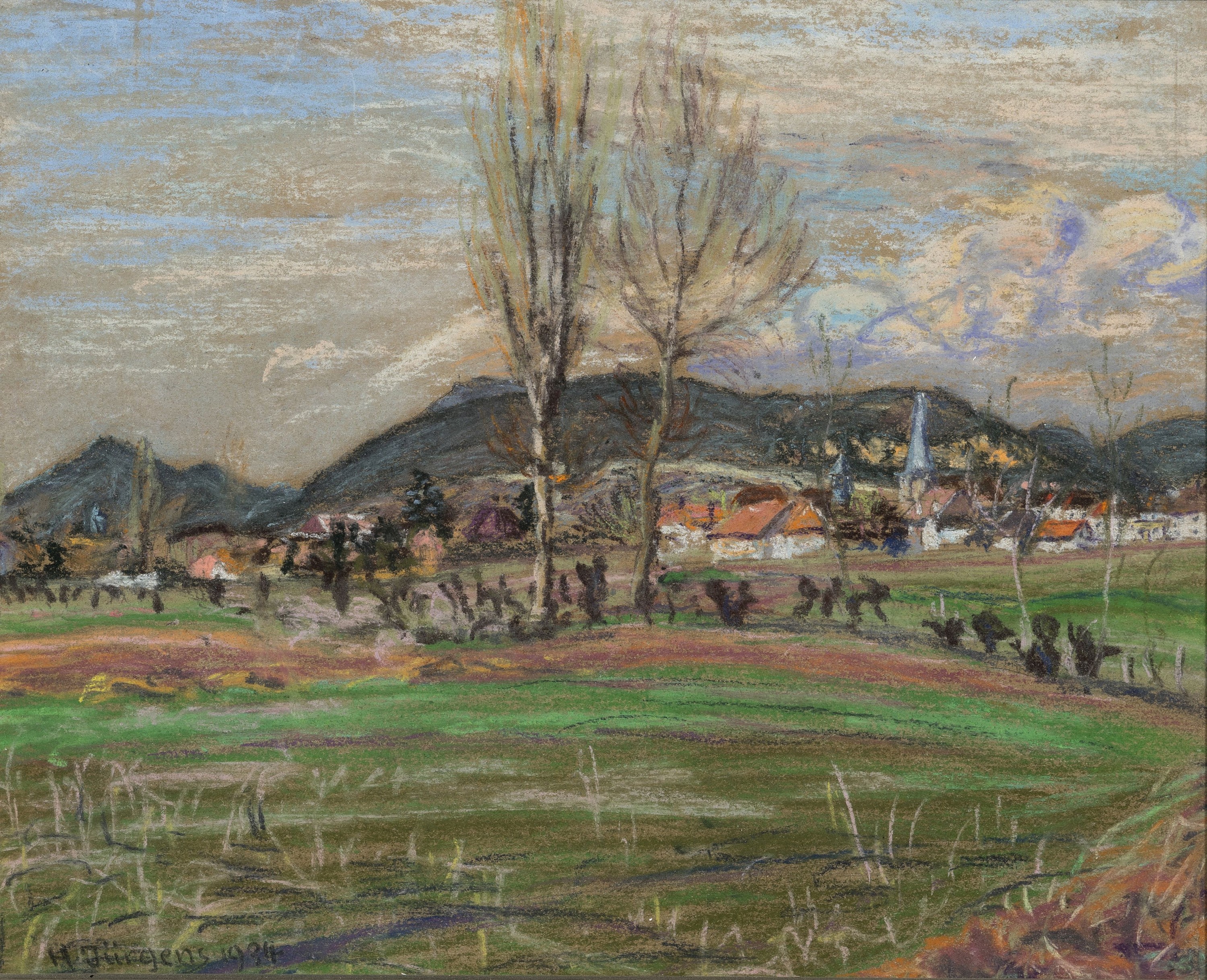 Hermann Jürgens, 1914 Heidelberg-1967 Godramstein, Pastellkreidezeichnung, Pfalzlandschaft, wohl Blick auf Godramstein, unter PP signiert, unter ...
