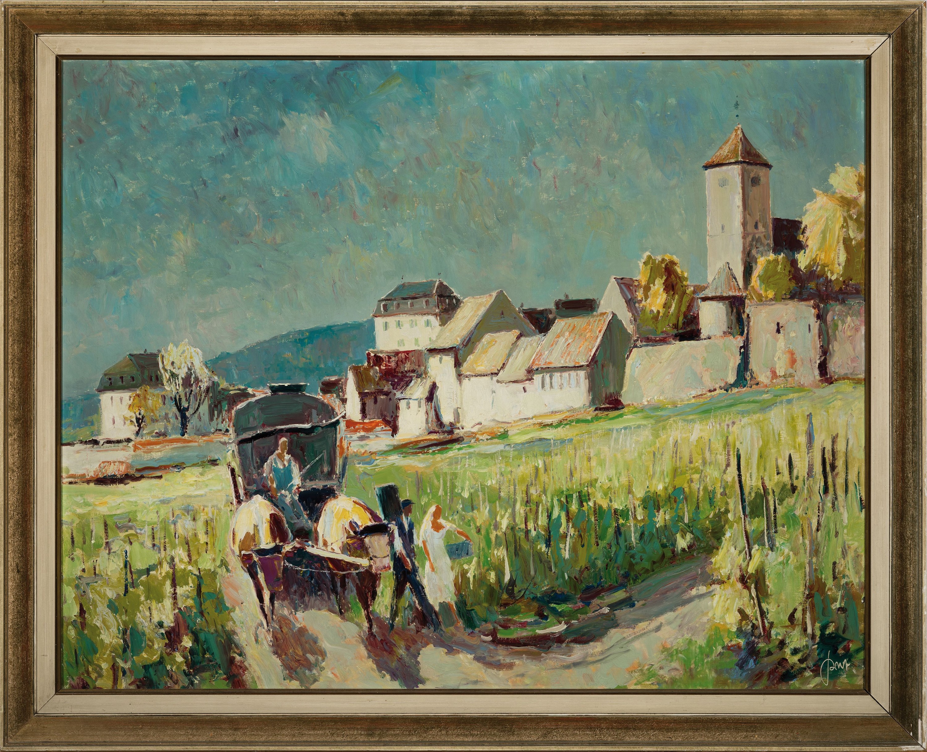 Detail k: Karl Graf, 1902 Rothenburg ob der Tauber-1986 Speyer, große Weinlese vor der Kulisse von Herxheim, rechts unten signiert, Öl/Hartfaserplatte, ...