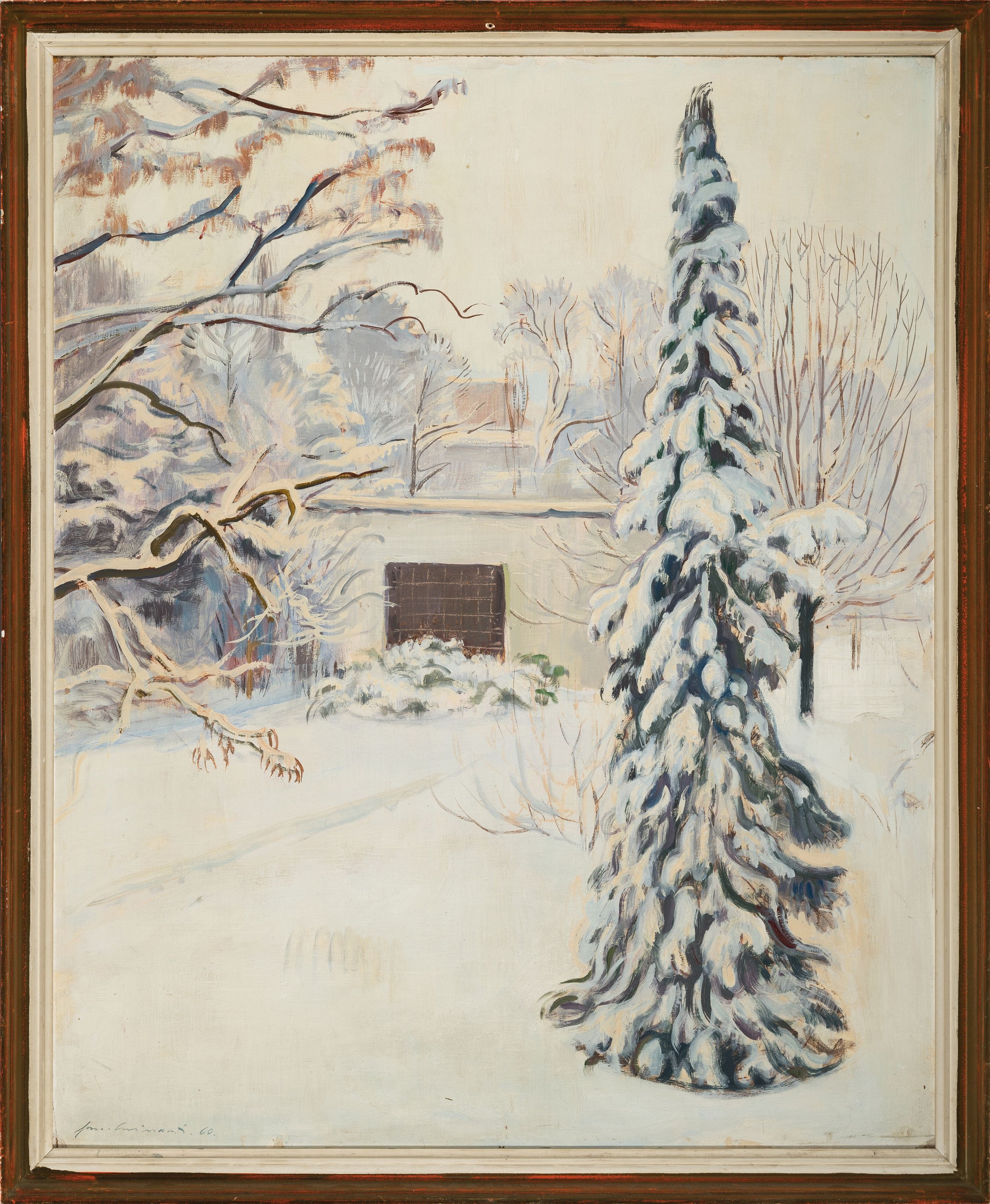 Detail k: Hermann Croissant, 1897-1963 Landau, Blick vom Atelier in den verschneiten Garten, öl/Hartfaser, links unten signiert und dat. 60, aus der Sammlung ...