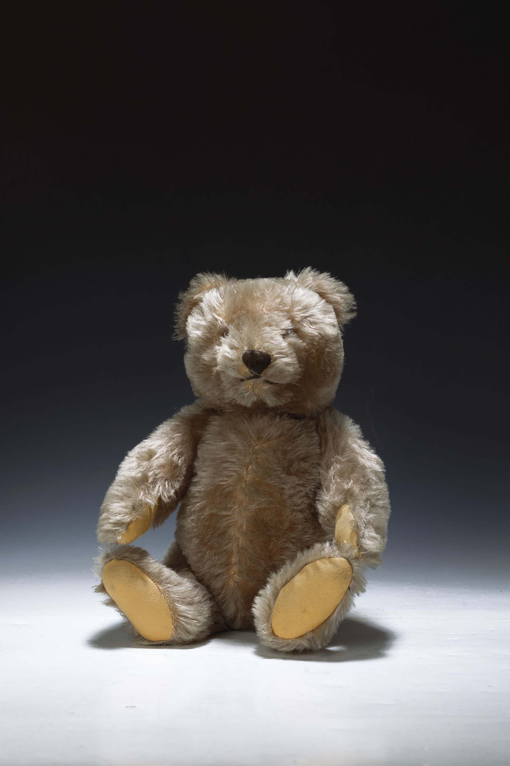 Detail a: Teddy, Steiff, 2.H.20.Jh., blonder Plüsch, Knopf im Ohr, blaue Glasaugen, Scheibengelenke, H.ca. 35 cm, min. Alterssp.